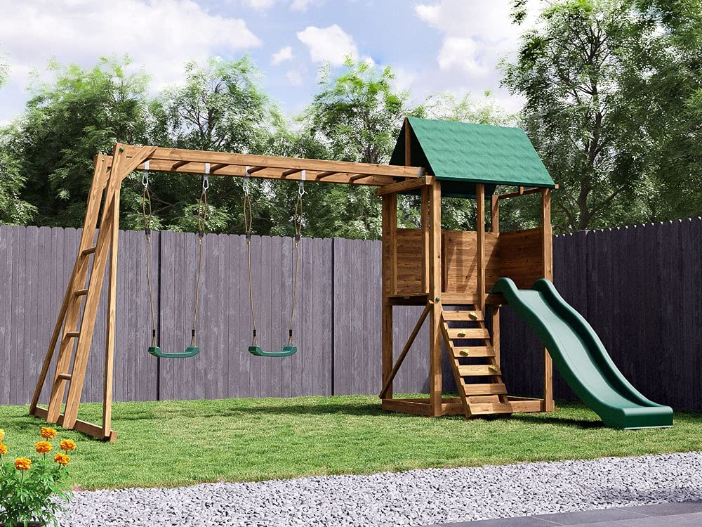 Dunster House SquirrelFort Climbing Frame Monkey Bars with Playhouse
