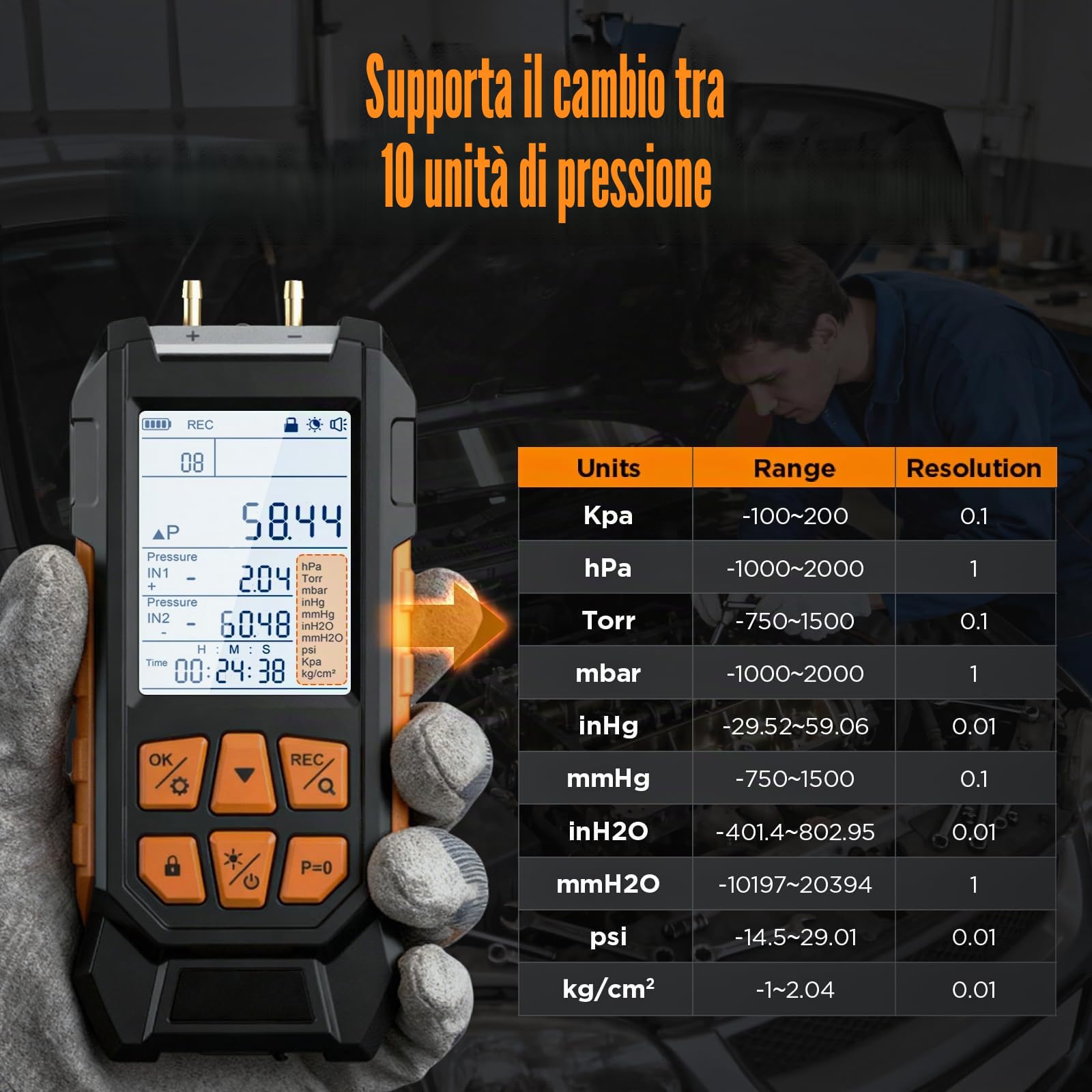 Manometro Digitale, Manometro Differenziale Professionale Intervallo di Misurazione 100-200 Kpa, Tester di Pressione Aria/Gas, Manometro HVAC a Doppia Porta, 10 Unità, Precisione ± 0,3% FS