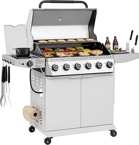 Royal Gourmet GA6406W - Parrilla de gas propano de 6 quemadores con mesa lateral derecha plegable, 74,000 BTU, parrilla de barbacoa de gas estilo