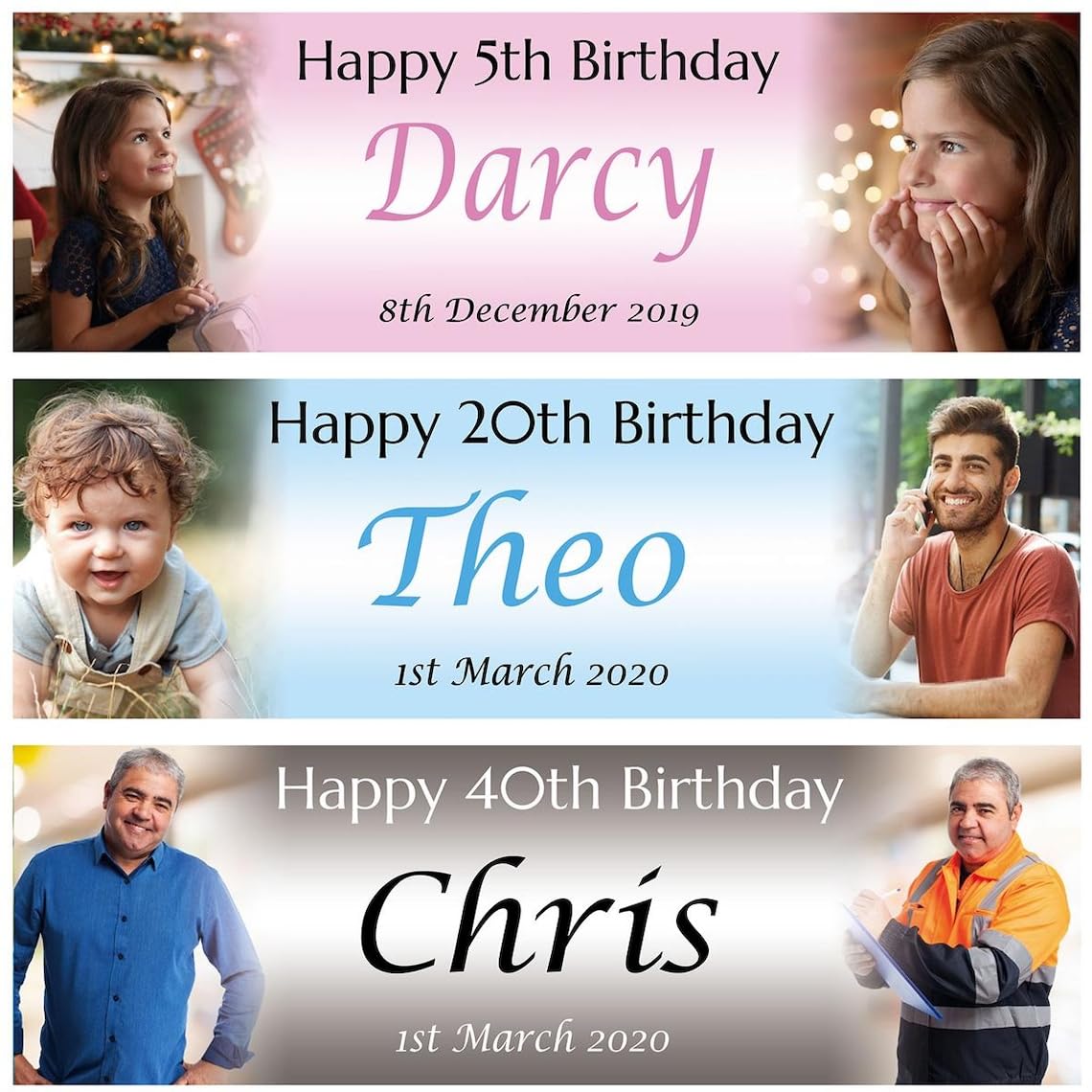 Personalised birthday banner Photo FABRIC 2ftx6ft pink black blue Man Woman Boy Girl Children Party Decoration Poster Gift 18th 21st 30th 40th 50th 60th 70th