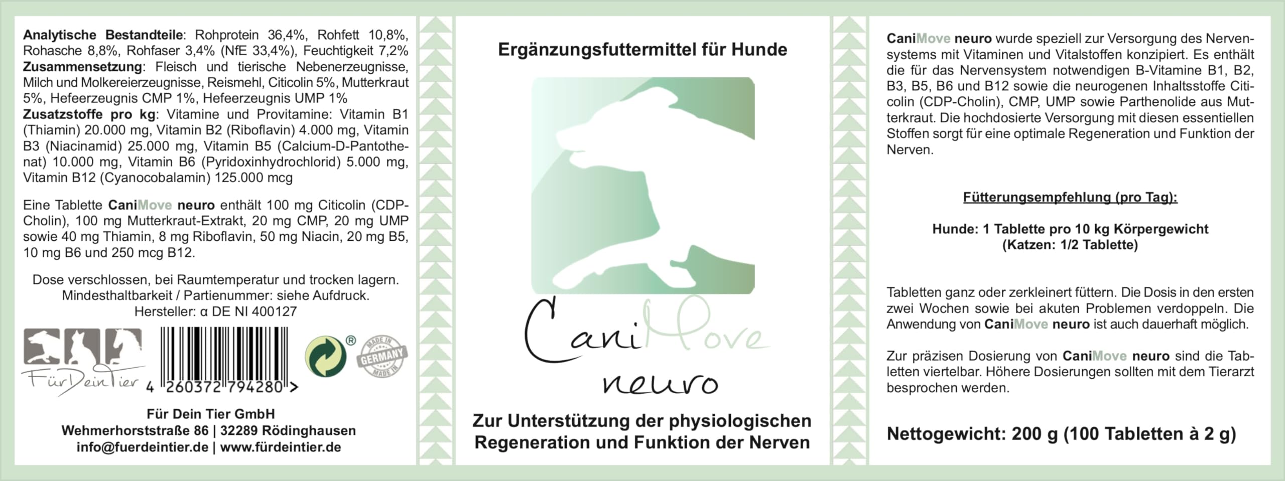 Neuro (1 x 200g) - Ergänzungsfuttermittel für Hunde und Katzen zur Unterstützung der Bandscheiben und Nervenfunktion | Mit CDP-Cholin, UMP, CMP, Mutterkraut und Vitaminen