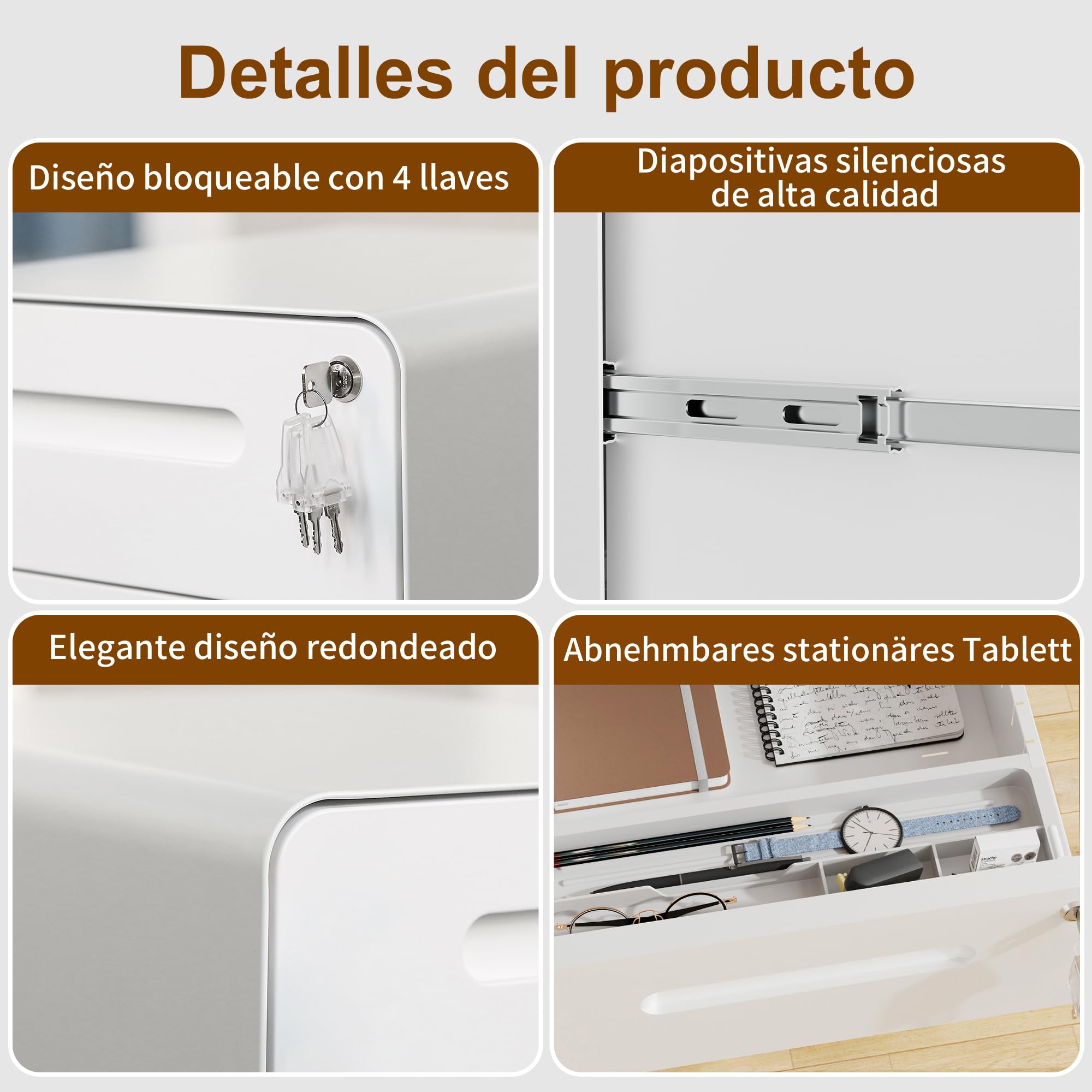 Rollcontainer, Mobiler Aktenschrank mit Schloss, Abgerundeten Ecken, 4 Schlüssel, 4 Schubladen, Büroschrank aus Metall, Bereits Vormontiert, für Büro, Heimbüro, 46T x 40B x 64H cm, Weiß