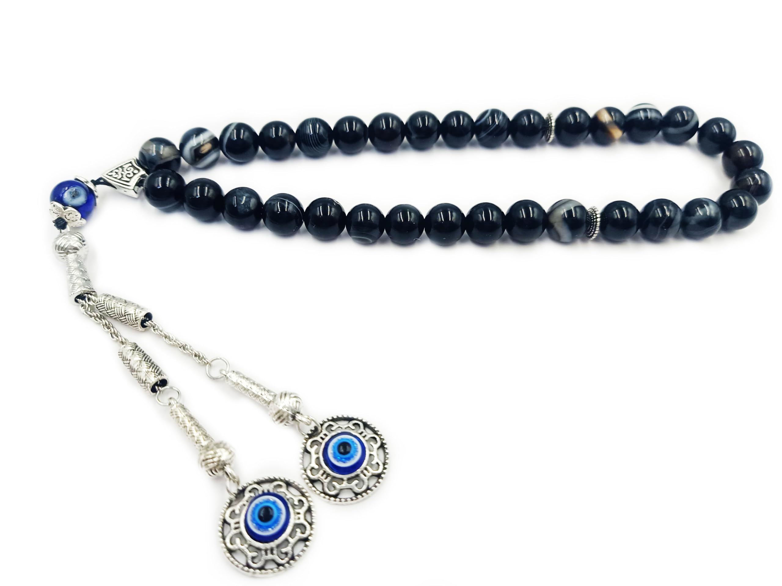 Natural Sulemani Black Agate 33 Beads Islamic Prayer Tasbih With Evil Eye | Islamic Gift, Bracelet or Necklace, Premium Craftsmanship | Pack of 1 | Bead Size :10 MM