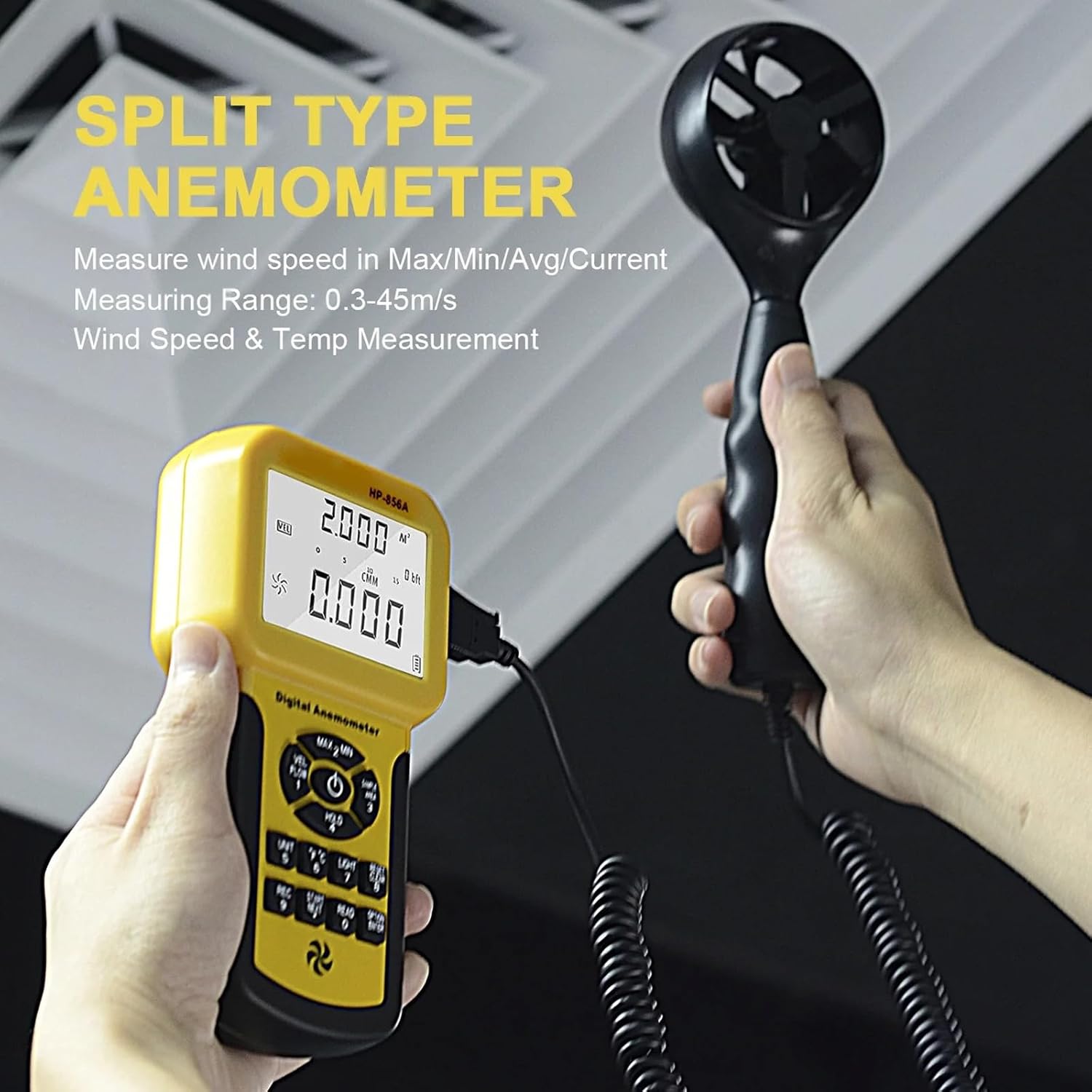 Wind Velocity Meter, Handheld Windmeter with Backlight & Portable Storage Case, MAX MIN AVG Data Storage, Split Windspeed Gauge for Measuring Air Velocity Volume Temperature