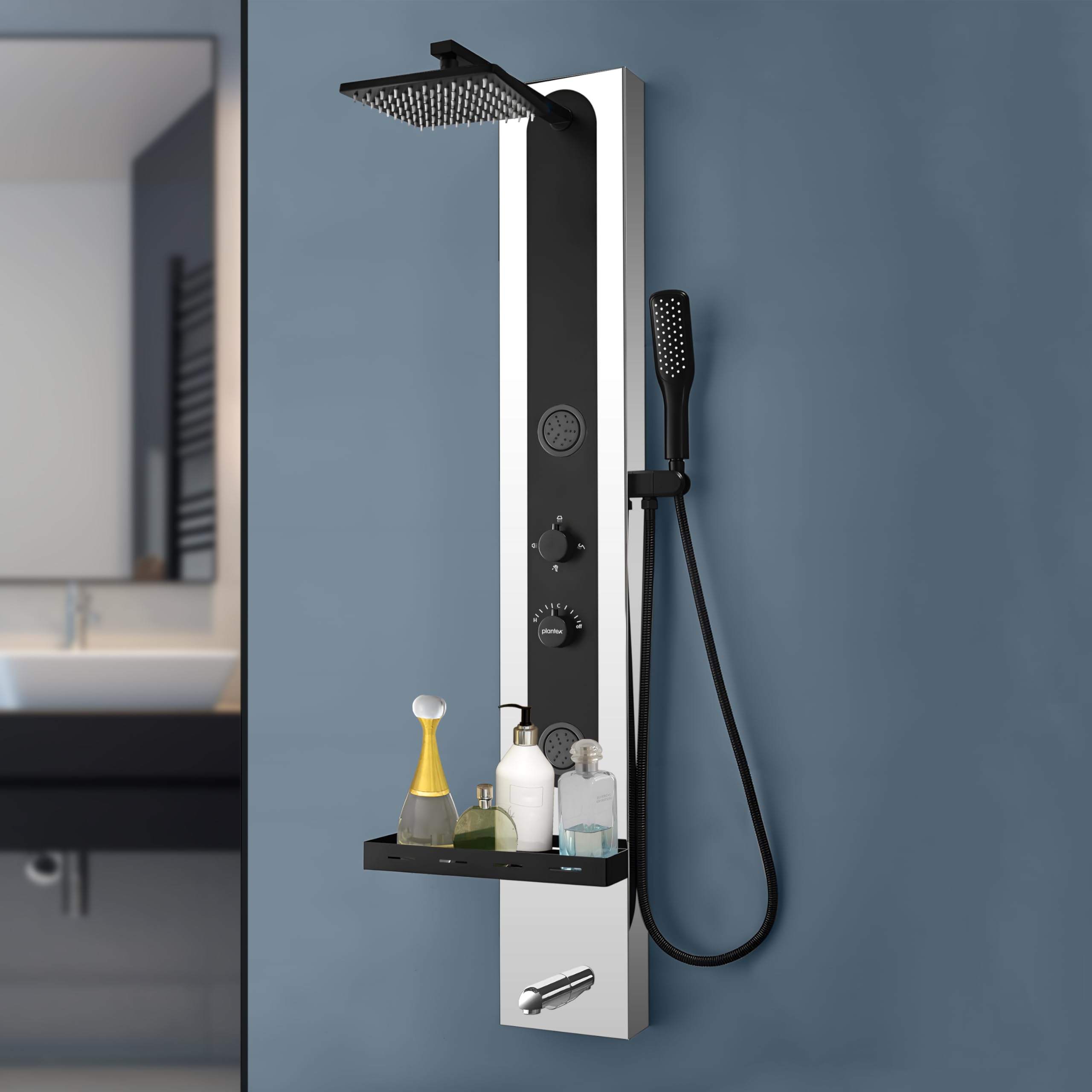 Plantex 304 Grade Stainless Steel Shower Panel for Bathroom/Modern Shower System with Head Shower/Massage Spray Jet&Hand Shower for Bathroom - Chrome & Black Finish (KM-8097) (B0D9PJ16W4) Amazon Price History, Amazon Price Tracker