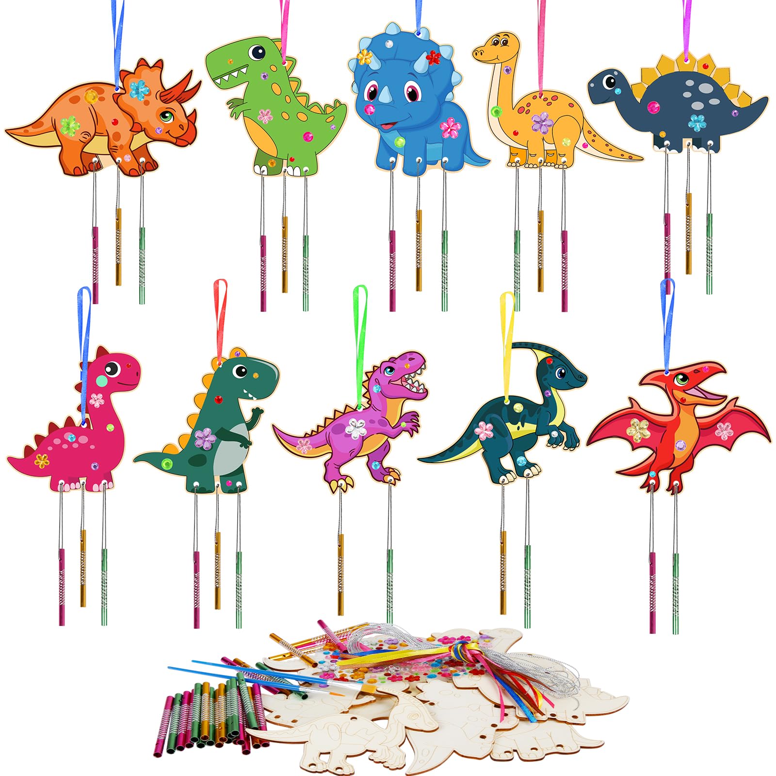 Fennoral 10 Pack Dinosaur Wind Chime Kit for Kids Make Your Own Dinosaur Wind Chime Wooden Arts and Crafts for Girls Boys DIY Coloring Art Activity for Dinosuar Themed Birthday Party Decoration