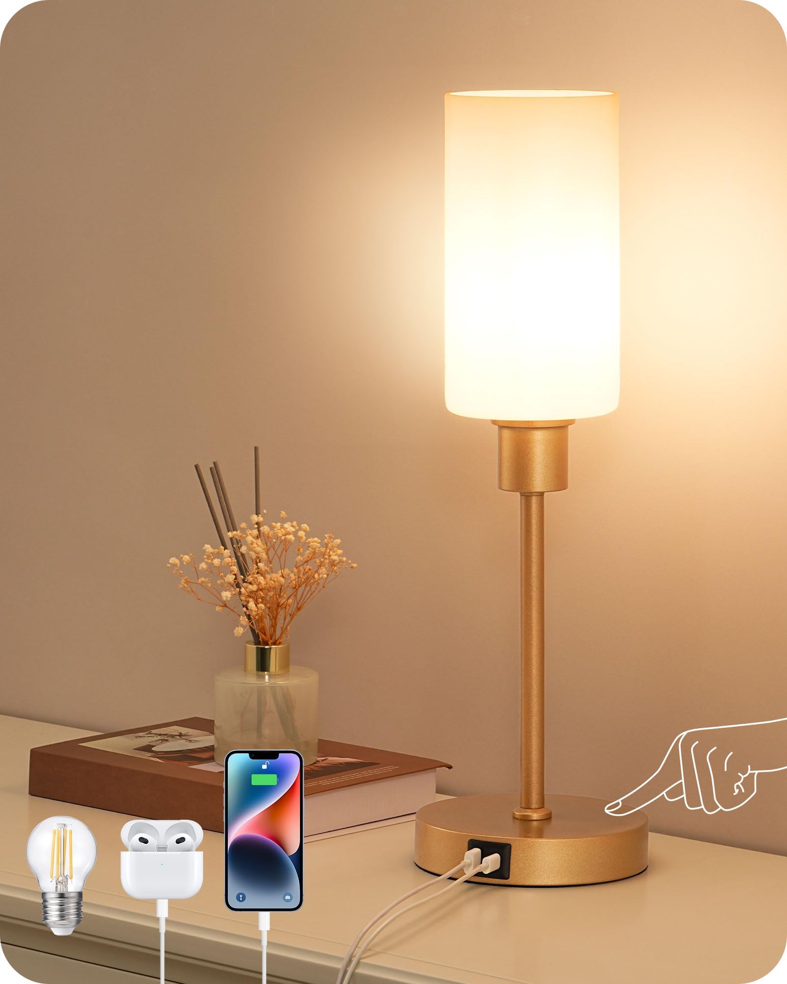 EDISHINE 19" Glass Table Lamp with Touch Control, Modern Bedside Lamp, 3-Stage Dimmable & USB-A+Type-C Charging Ports, Nightstand Lamp for Living Room, Bedroom (Gold)