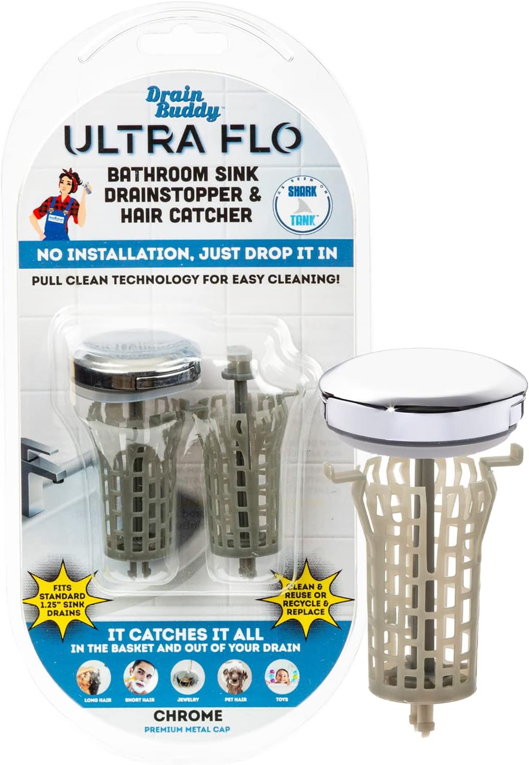 Drain Buddy Ultra Flo 2 in 1 Bathroom Sink Stopper & Hair Catcher W