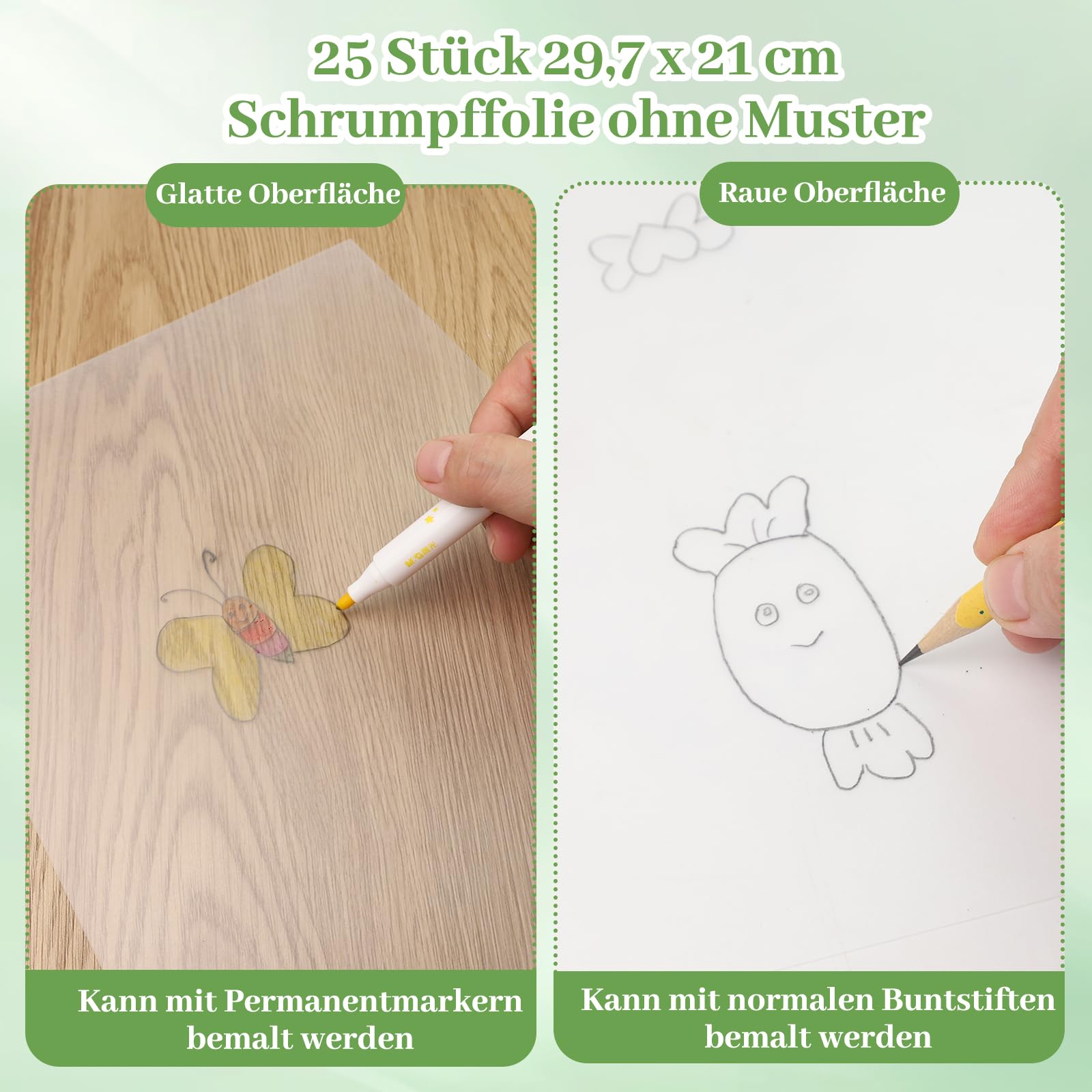 QKJEM Folia termokurczliwa 25 sztuk, matowa, przezroczysta, folia termokurczliwa A4, shrinky dink paper Shrink Plastic, odpowiednia dla dzieci, uczniów, prac ręcznych DIY, plakietek, zawieszek do