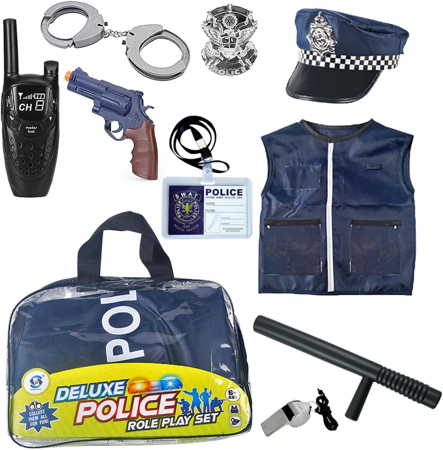 Home Smart 12 Pcs Police Costume for Kids with Toy Role Play Kit with Police Badge, Handcuffs,Kids Flashlight for Cop Costume, FBI,Detective,Swat, and Kids Dress-up Clothes