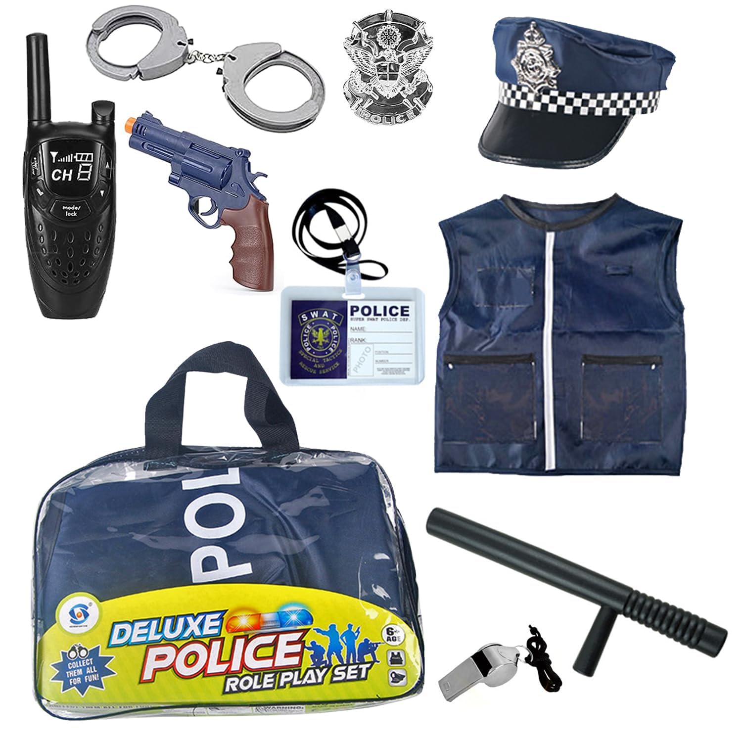 Home Smart 12 Pcs Police Costume for Kids with Toy Role Play Kit with Police Badge, Handcuffs,Kids Flashlight for Cop Costume, FBI,Detective,Swat, and Kids Dress-up Clothes