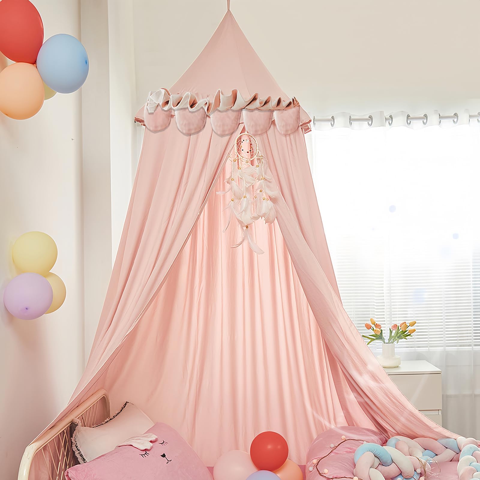 Princess Bed Canopy for Girls, Extra Large Hanging Canopy for Bed, Dreamy Play Tent for Girls Room Bedroom Decoration, Breathable Canopy Bed Curtain for Children Reading Nook - Ruffle Pale Pink