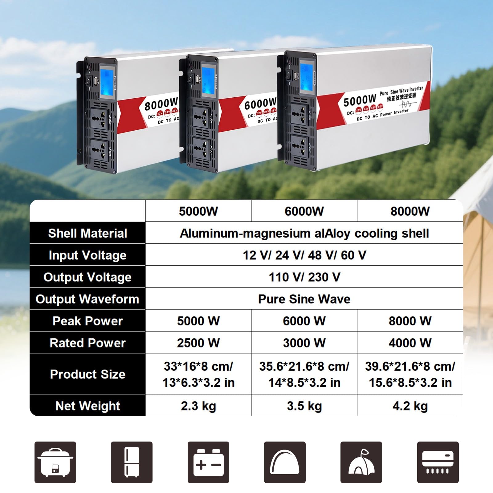 Inverter Ibrido 5000W/6000W/8000W, Inverter Solare a Onda Sinusoidale Pura,12V/24V/48V/60V DC a 110V/230V AC, Efficiente Energia per Casa e Camper(6000W,60V to 230V)