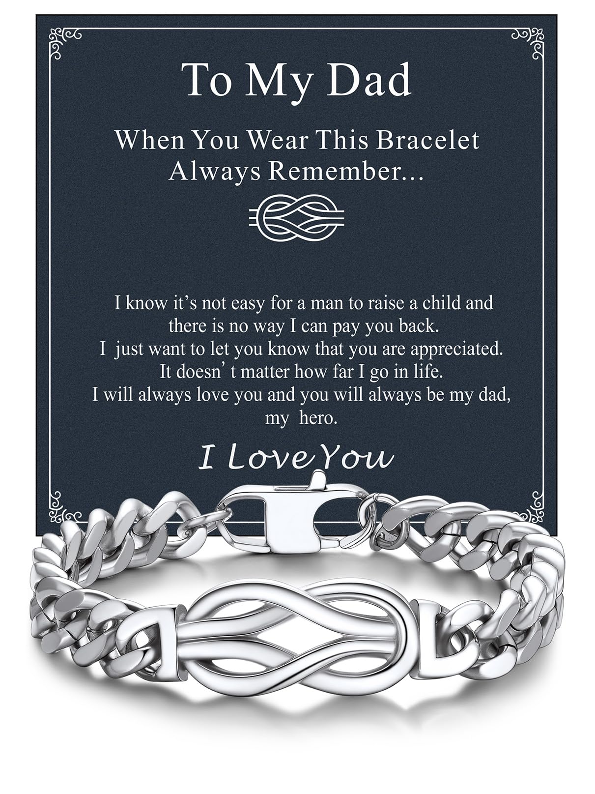 Bandmax Inifinity Love Knot Cuban Link Chain Bracelets for Men Stainless Steel/Black Mens Bracelet with Love Message Card Gift for Son Grandson Husband Father