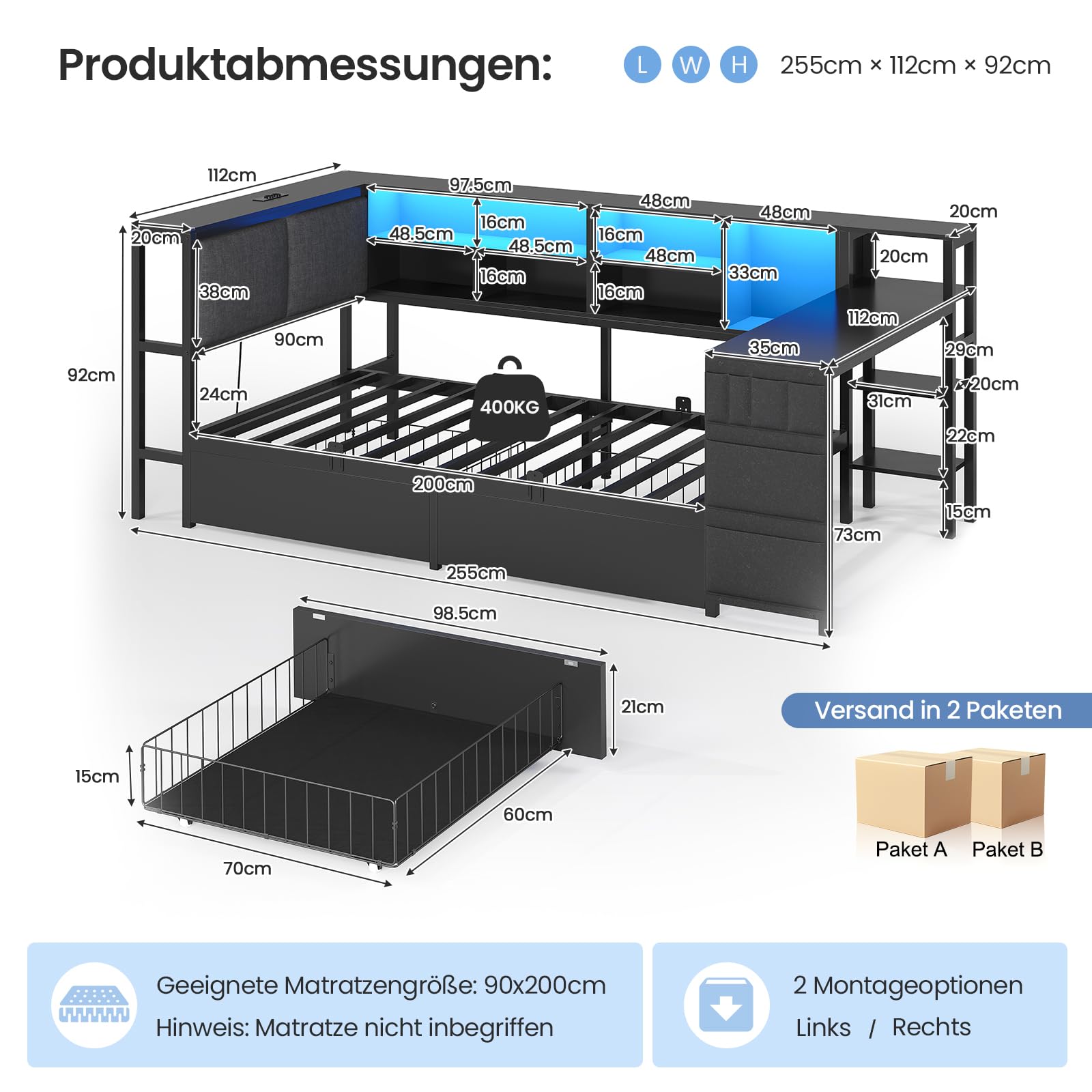 Brinlawb Schlafsofa mit LED-Beleuchtung und Ladestation, Jugendbett 90x200 cm mit einem 35x112cm Tisch und zwei großen Schubladen, Bett 90x200 Tagesbett mit polsterter Rückenlehne am Kopfteil, Schwarz