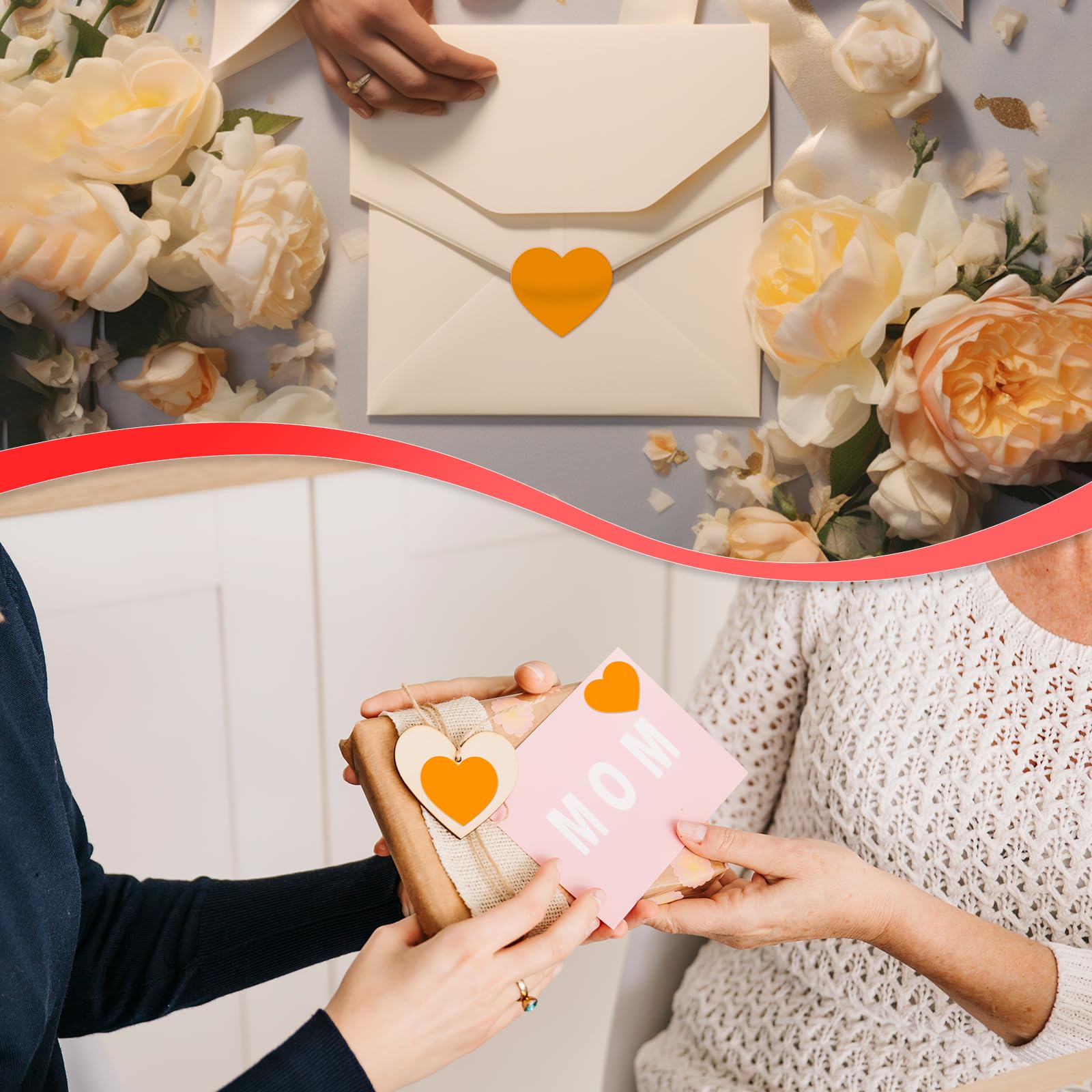 Meitaat Orange Heart Stickers Roll 3.8 cm Valentine's Day Love Shape Labels Waterproof Removable for Craft Envelopes Boxes Gift Tags Bags Wedding 500 PCS - Image 3