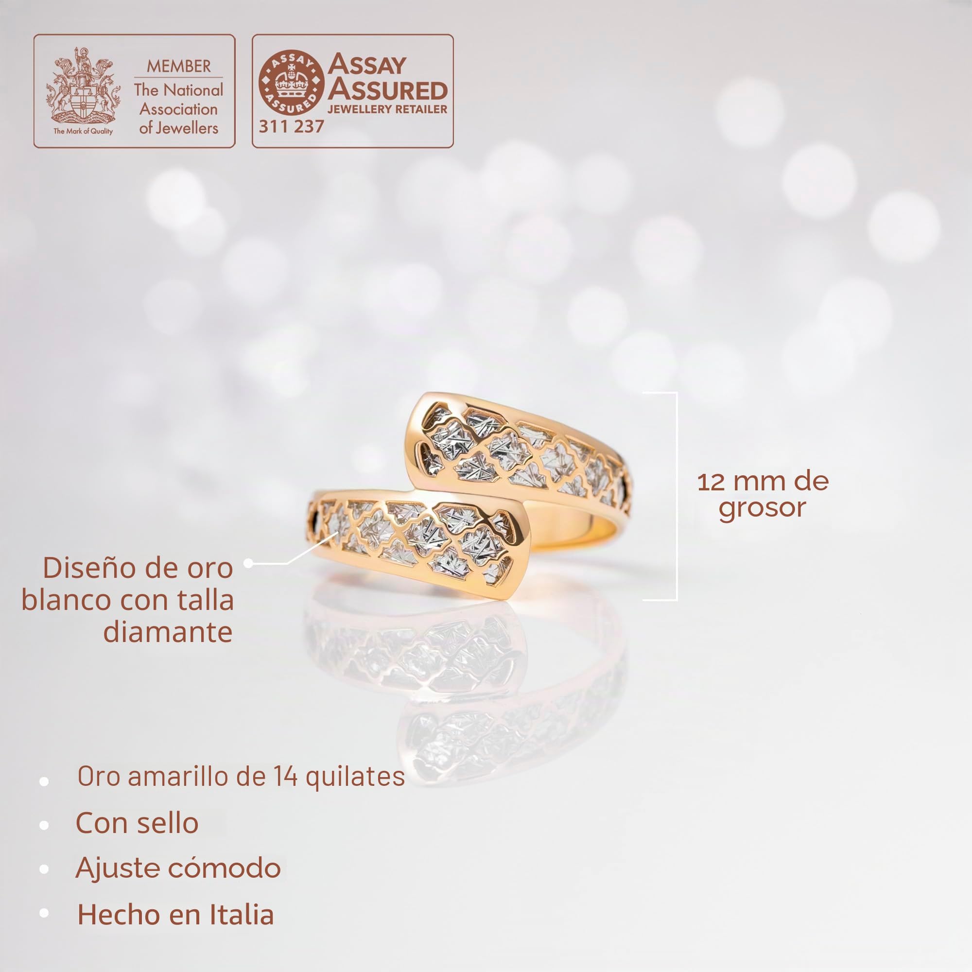 Amberta Anillo en Oro Macizo de 9 o 14 Quilates para Mujer | Anillo de Oro Auténtico Corte Diamante Espiral Filigrana | Regalo para Ella