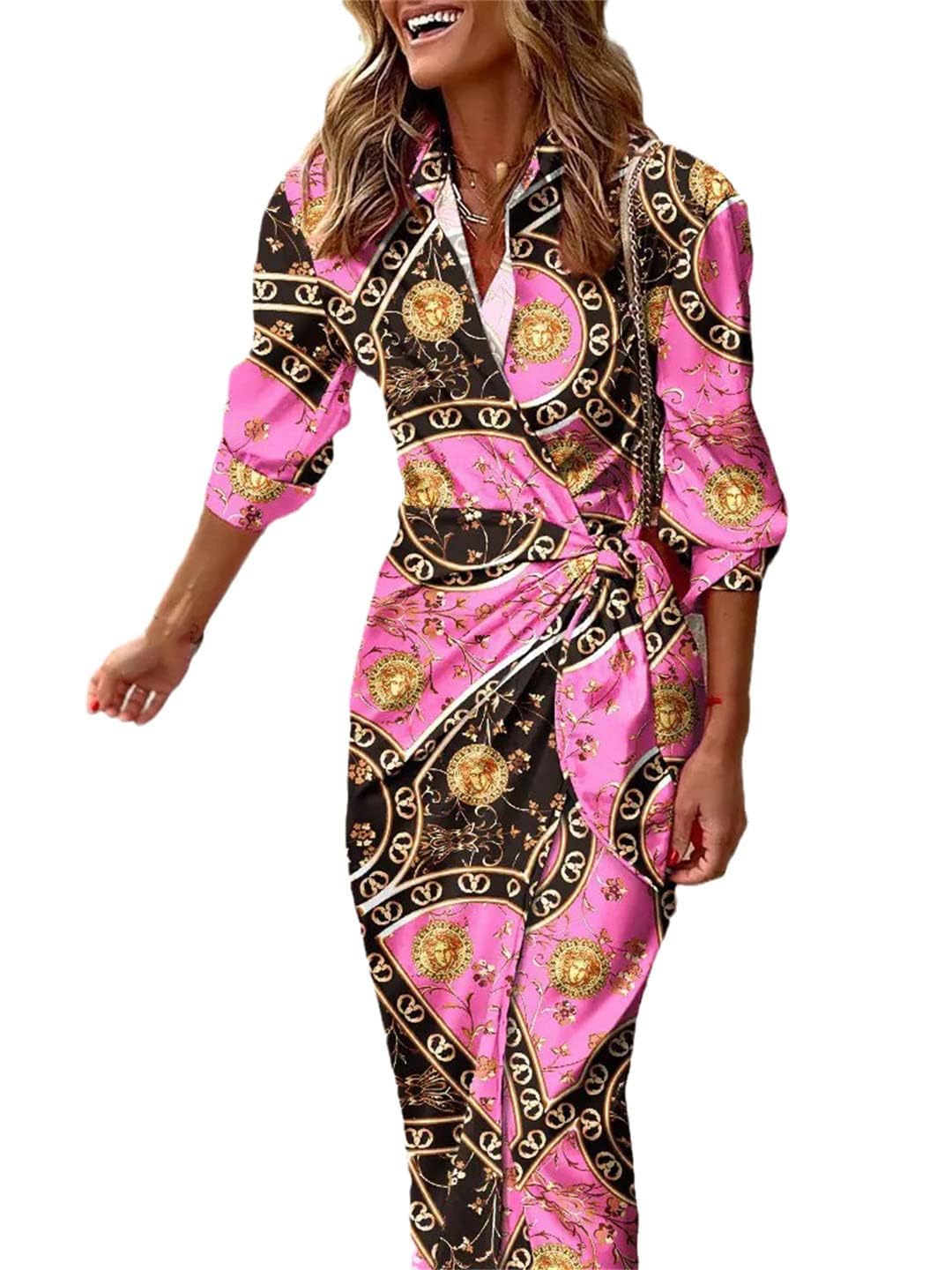 Generisch Frauen Casual Sommer Sundress V-Ausschnitt 3/4 Ärmel Frauen Taille Schnürung-up Split Abend Cocktail Lange Sexy Formal Flowy Kleid