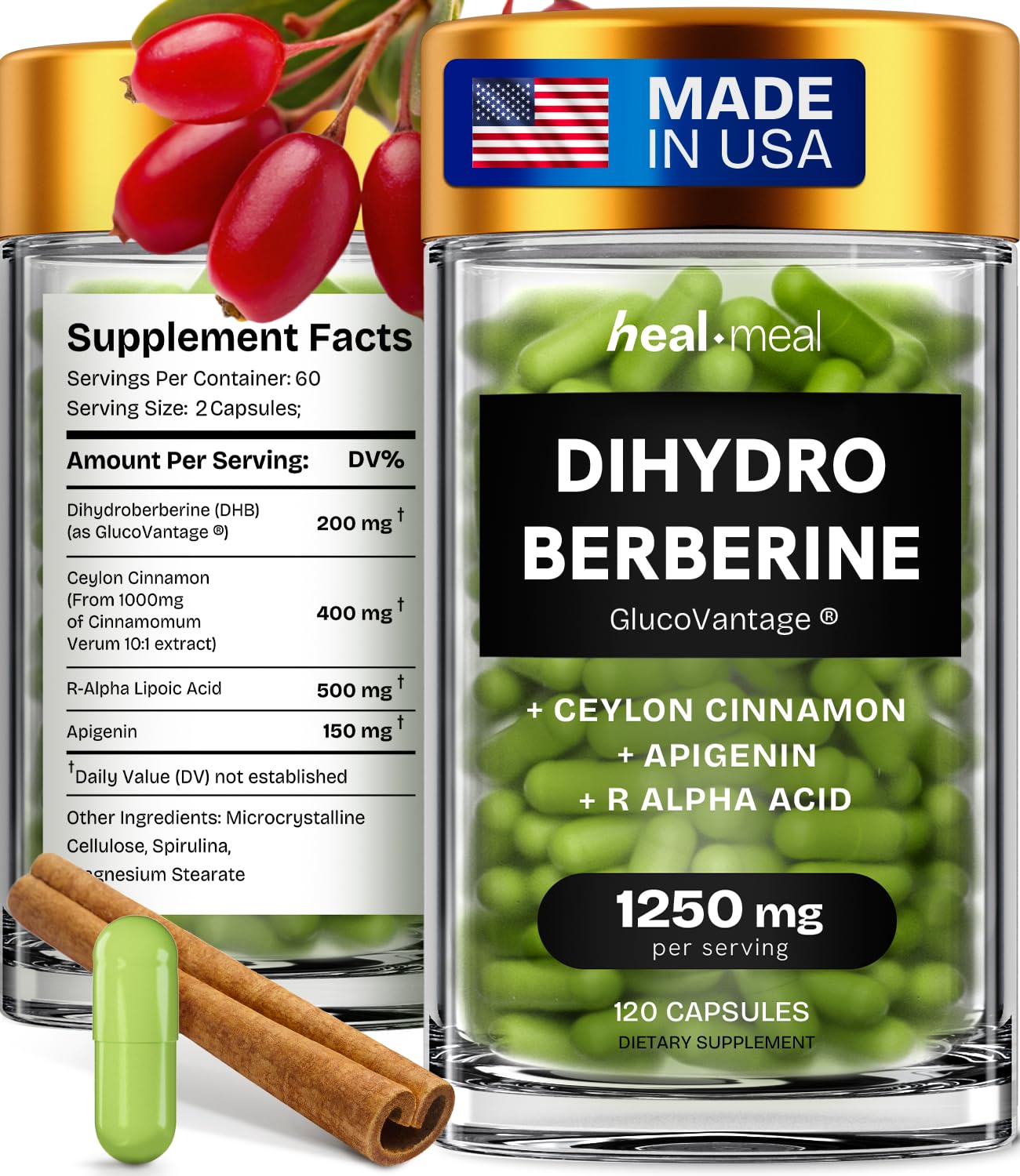 Dihydroberberine Supplement - Dehydro Berberine Organic - Super Berberine Supplement with Ceylon Cinnamon & R Alpha Lipoic Acid & Apigenin - Hydroberberine 120 caps (1 Pack)