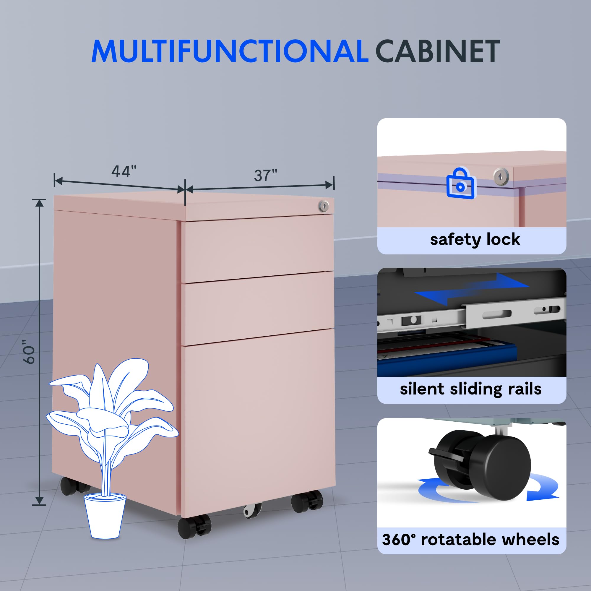 FlexiSpot schedario con 3 cassetti, cassettiera da ufficio rosa con ruote, armadietto con serratura e sistema anti-ribaltamento, mobiletto porta documenti per casa e ufficio
