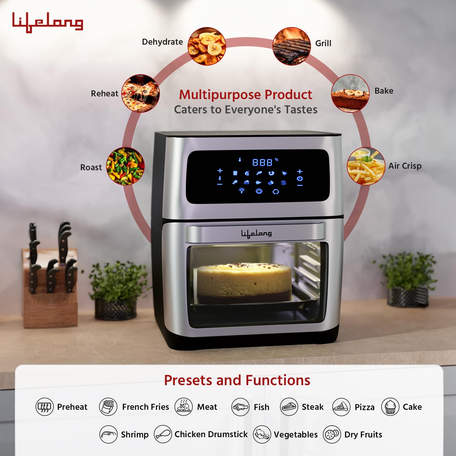 Lifelong 12 L Large Capacity Air Fryer,7 in 1 Use: Barbecue,Roast,Bake,Grill,Fry,Saute,Reheat,12 Preset Menus,Air Fryer Oven With 60 Mins Timer & Auto Shut,1800 Watts,2 Year Warranty,Silver 2