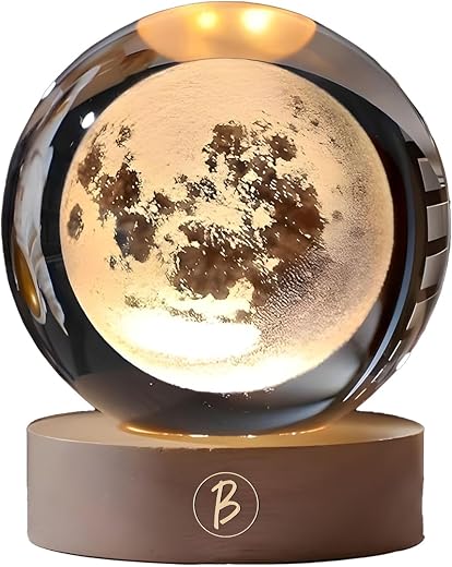 BTfash 3D Moon Ball Night Lamp, Creative Engraved Table LED Light with Woodern Base for Home Office Decoration Birthday Gift