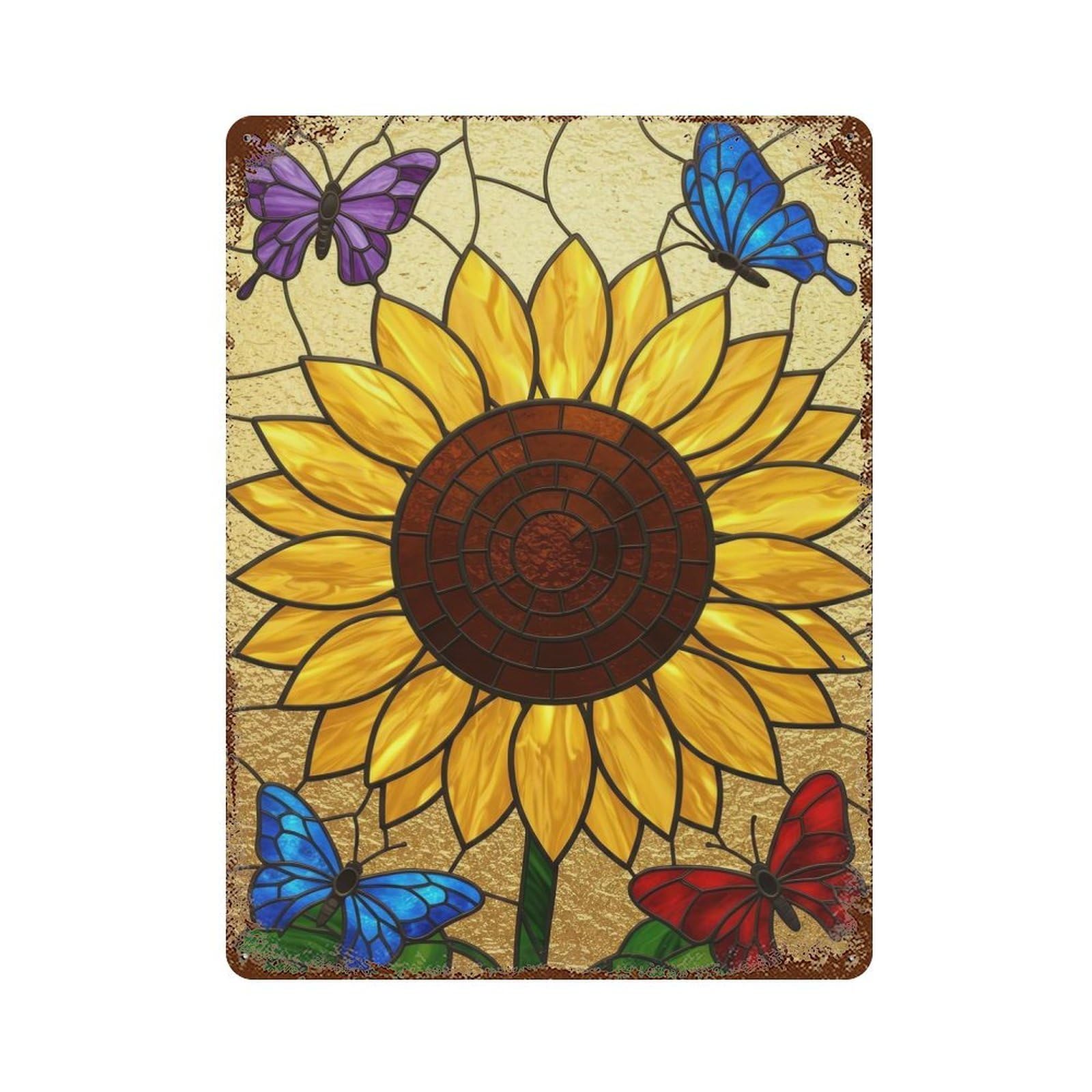Vintage Metal Tin Sign Stained Glass Sunflower with Butterflies 15.7"x11.8", Industrial Home Decor for Farmhouse, Kitchen And Entryway Decor