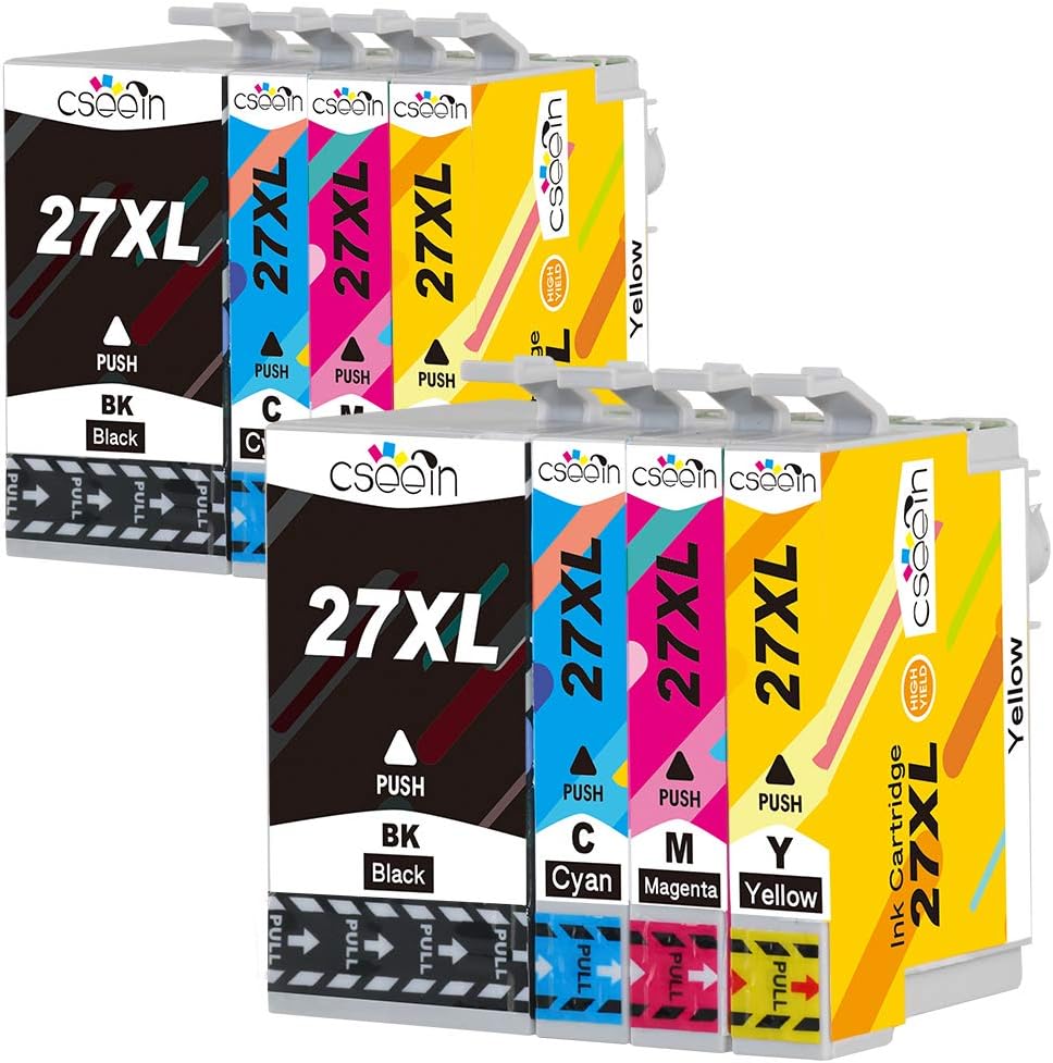 Cseein 8pk Compatible 27XL Ink Cartridges with New Updated Chip High Capacity Replacement for Epson Workforce WF 3640 7610 3620 7620 7110 Printers (2 Black 2 Yellow 2 Magenta 2 Cyan)