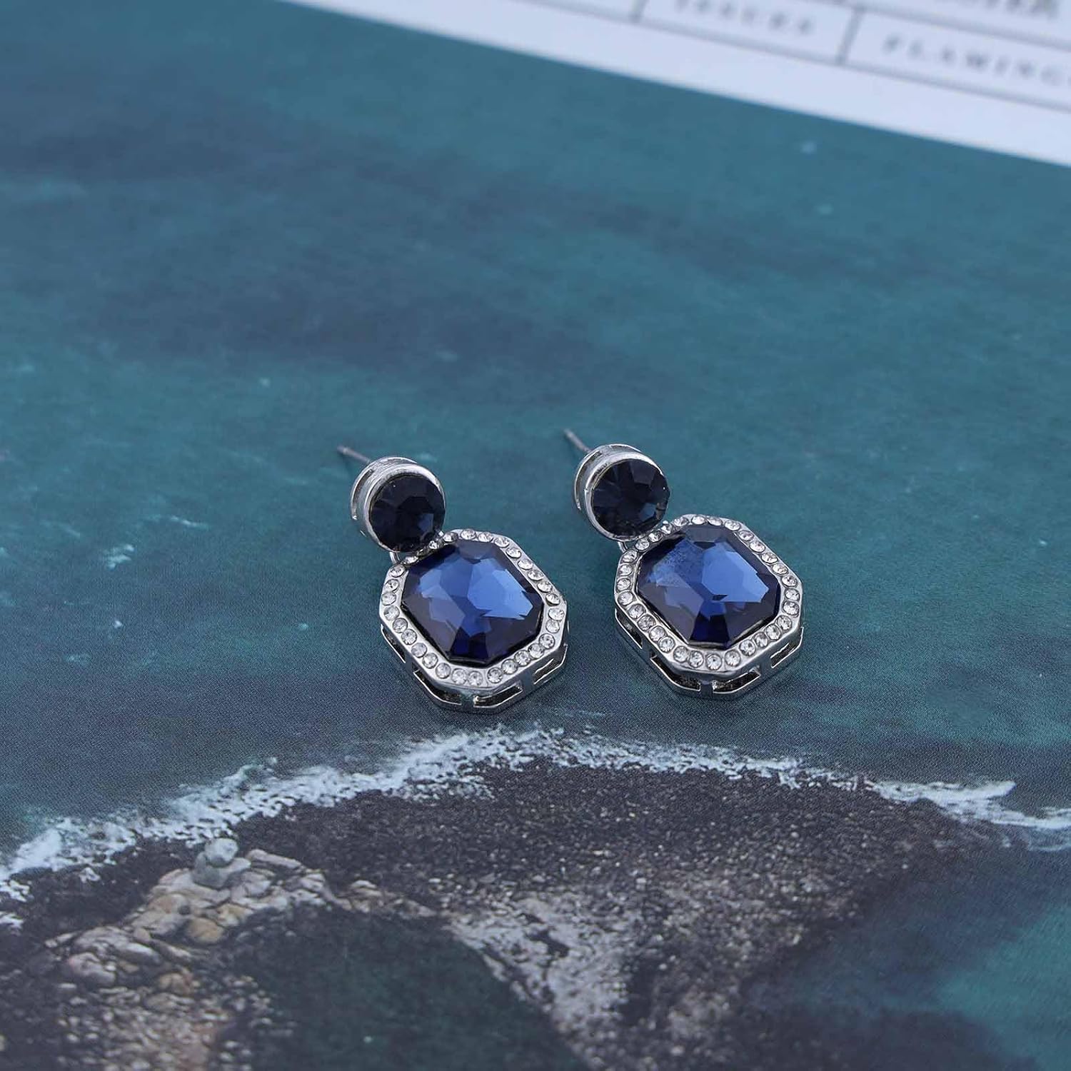Vintage Sapphire Square Earrings Blue Cz Crystal Dangle Earrings Square Sapphire Drop Earrings Geometric Blue Rhinestone Earrings Jewelry for Women - Image 4