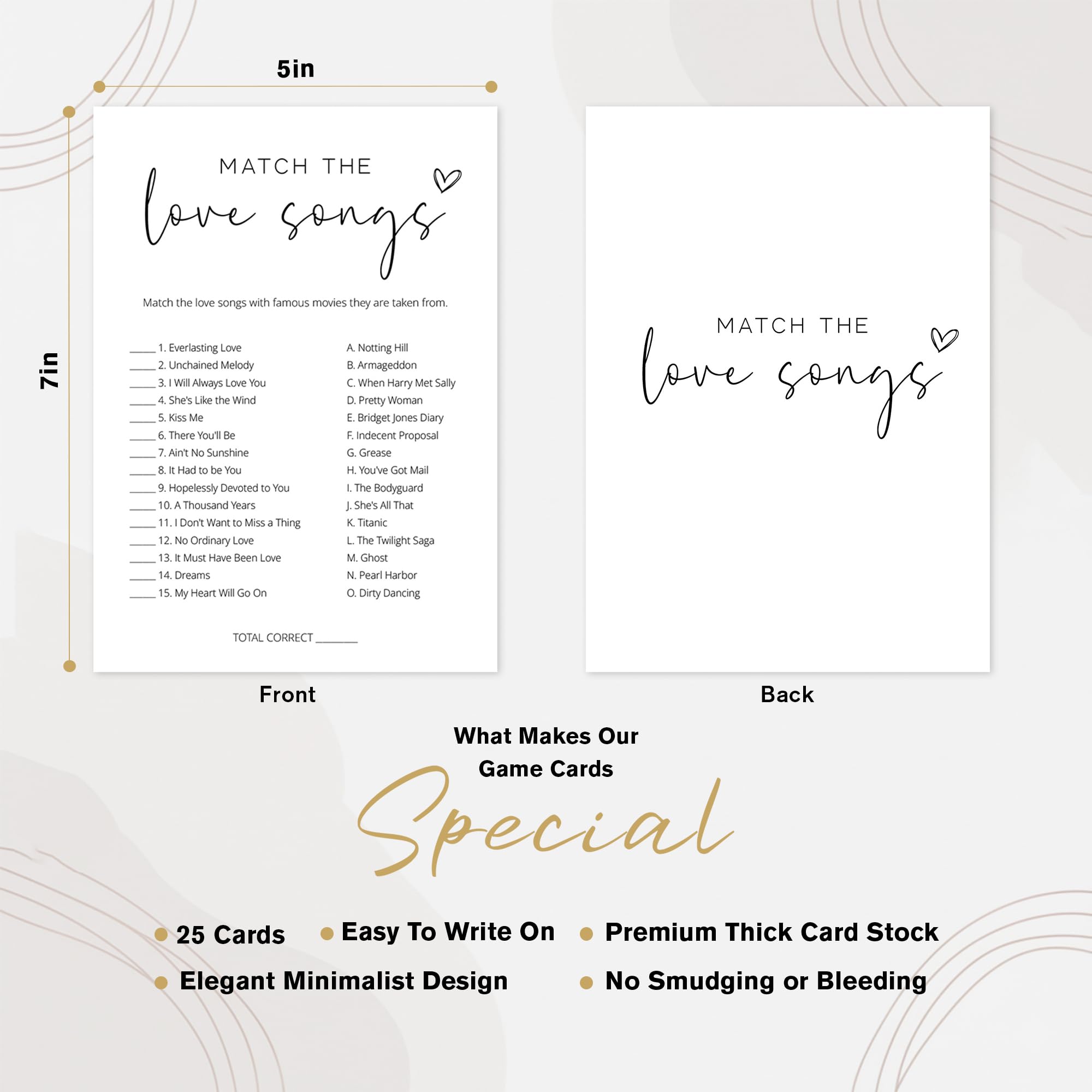 Gry na wieczór panieński, Match the Love Songs, minimalistyczne białe dwustronne karty do gry dla nowożeńców z 1 kluczem odpowiedzi, gry na wieczór panieński dla gości, zaręczynowe materiały na