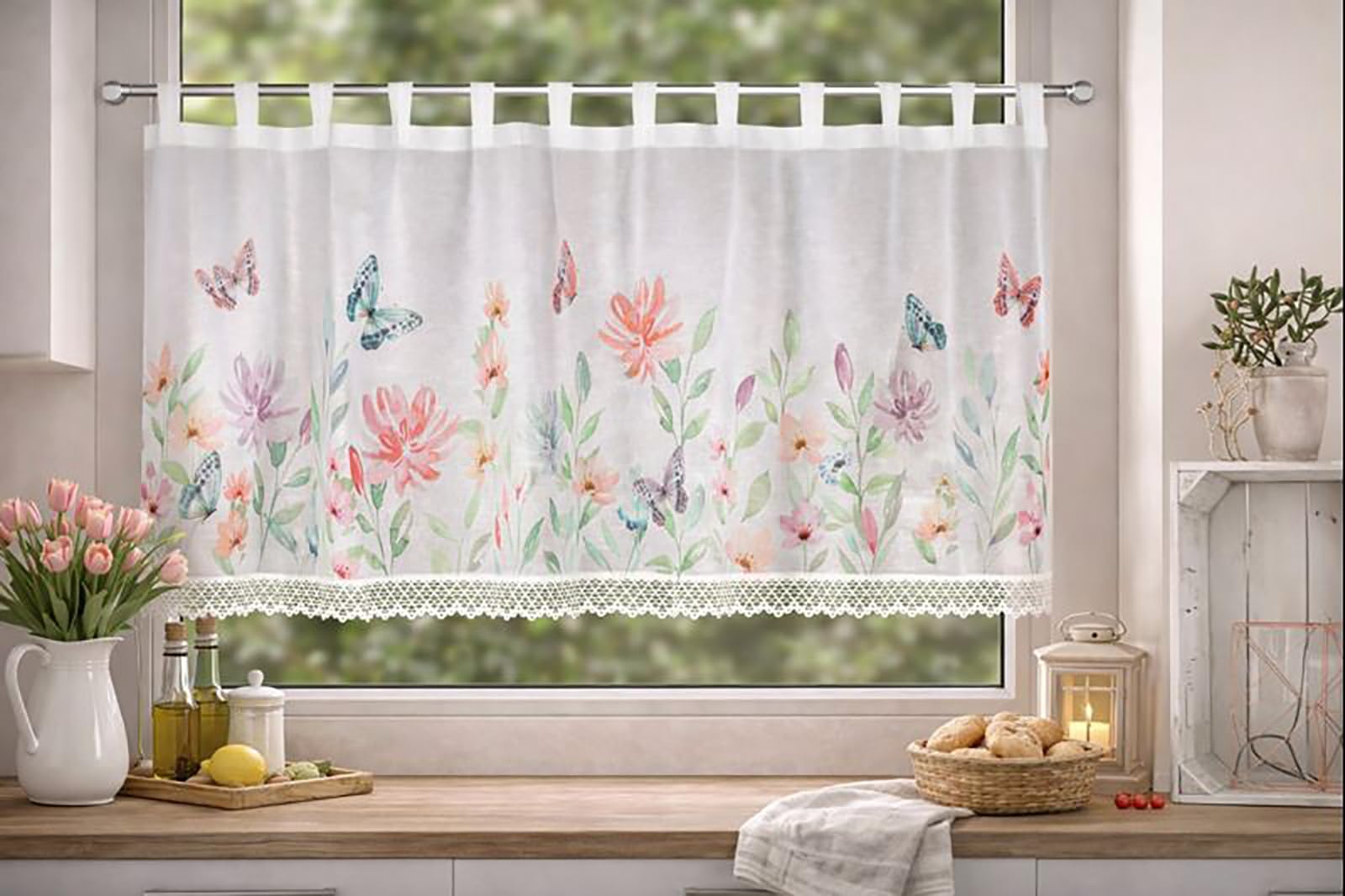 KAMACA Tenda da bistrò con passanti, tenda corta da cucina, trasparente, con passanti in voile, pizzo (altezza x larghezza 60 x 140 cm, Theresia)
