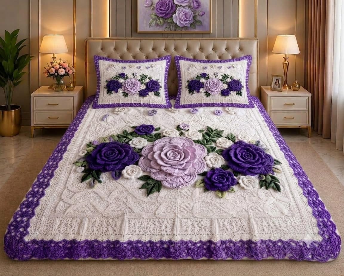 Crochet Bedspread Set with 3D Rose Floral Embroidery, White & Purple | 2 Pillow Covers Included, Lace Border Design, Double Bed Size, Handcrafted Knit Work, Bedroom Decor-image-47