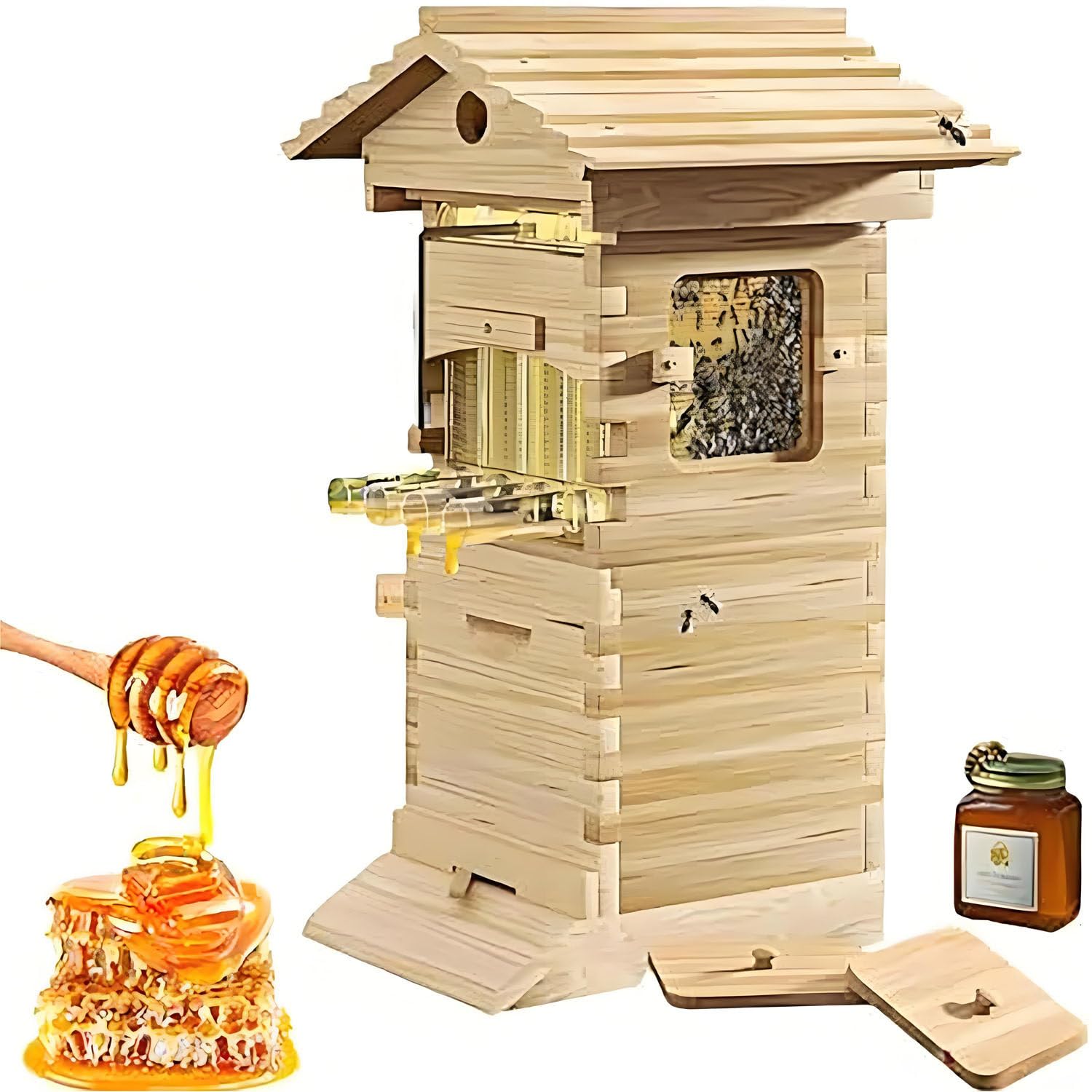 Kit de démarrage pour Ruche à Miel Auto-Flux en Bois avec 4 Cadres, kit Complet pour l'apiculture. Bois Naturel.