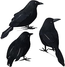 3 Pack Halloween Artificial Crows, Spooky Black Feathered Crow Decorations, Realistic Crow Raven Birds Decorations, Animal Ornament for Halloween Party Prop Home Garden Indoor Outdoor Decoration Model