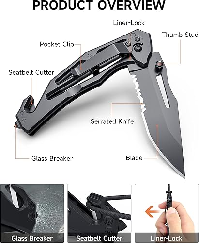 Miniatura 3 de Mini cuchillo de bolsillo ultraligero, 2.1 onzas cuchillo plegable con clip, 3.93 pulgadas de longitud cerrada, rompedor de vidrio, cortador de