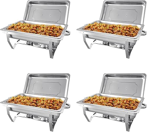 PRIJESSE Juego completo de 4 platos de 8 cuartos de galón de acero inoxidable con bandeja de agua, soporte de combustible para rozaduras para