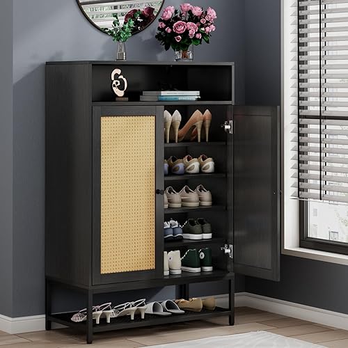 Miniatura 4 de Gyfimoie Organizador de zapatos de ratán con puertas, armario de almacenamiento de zapatos con estantes ajustables para entrada, estante de zapatos