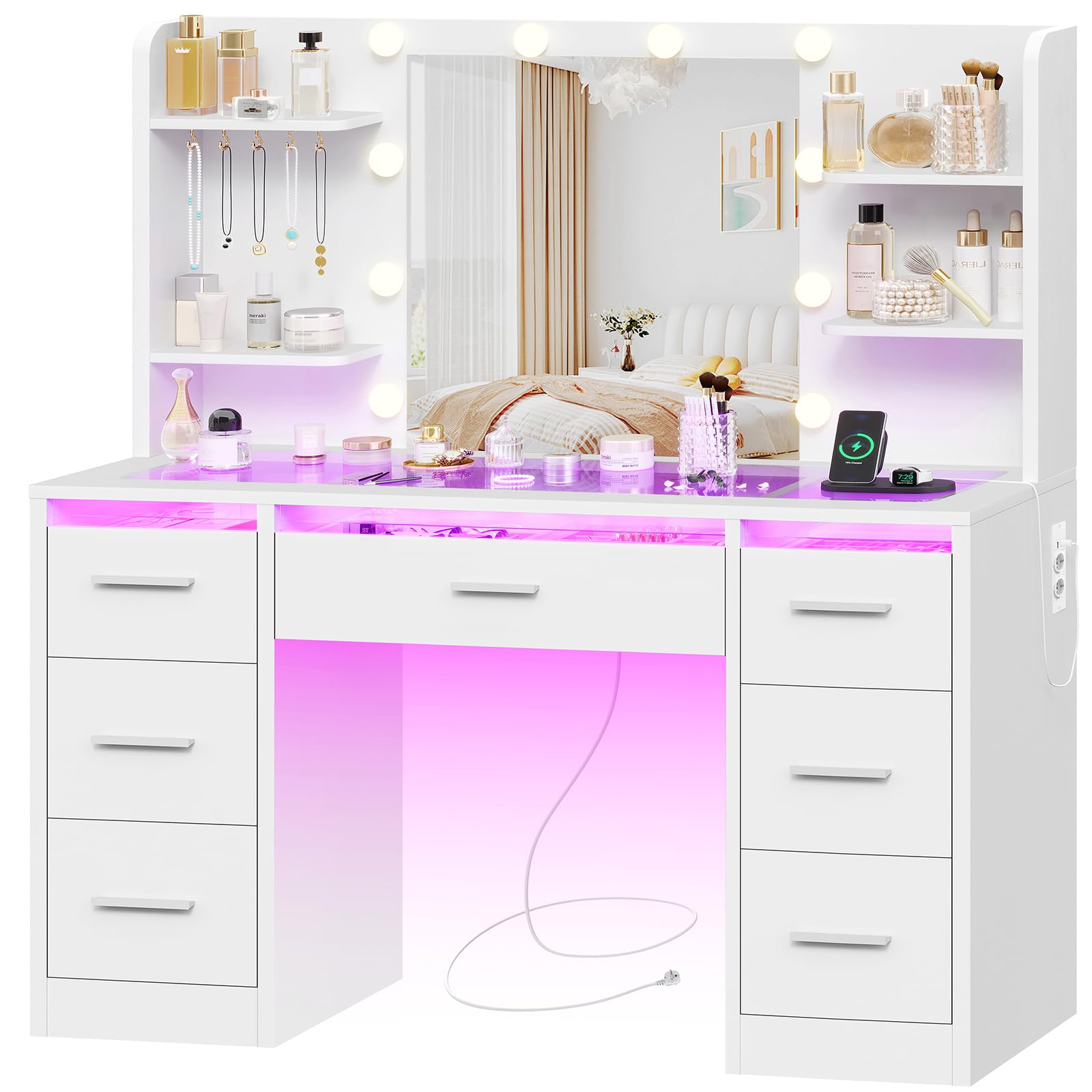 Coiffeuse avec Miroir LED et Éclairage RGB 3 Couleurs, Plateau en Verre Trempé – Table de Maquillage avec Prise, 7 Tiroirs + 5 Crochets, luminosité réglable, Blanc