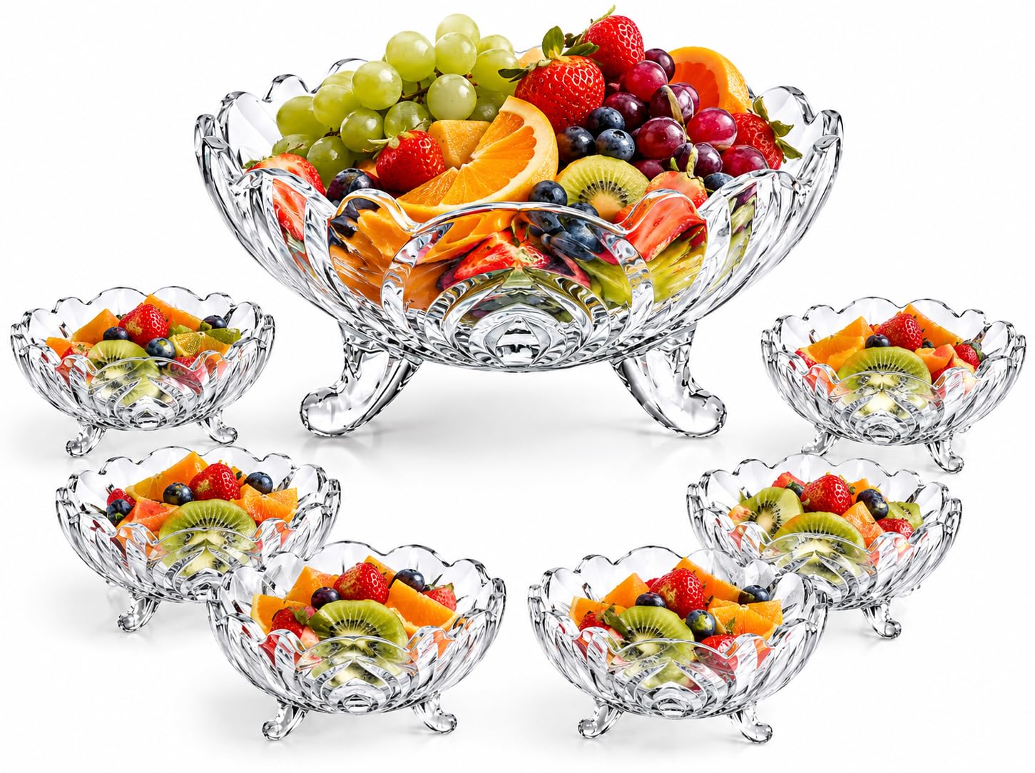 Housetronics Large Crystal Clear Glass Fruit Bowl, Creative Footed Modern Deep Dish Pudding Trifle Dessert Serving Bowl Ideal Decorative Bowls, Salad and Potpourri (7 Bowl Set)