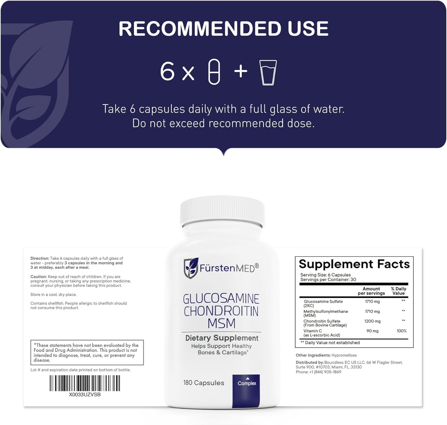 FürstenMED Glucosamine Chondroitin MSM Supplement - Chondroitin & Glucosamine Nutritional Supplements for Bones & Normal Cartilage Health - Support Normal Joint Health with Vitamin C - 180 Capsules