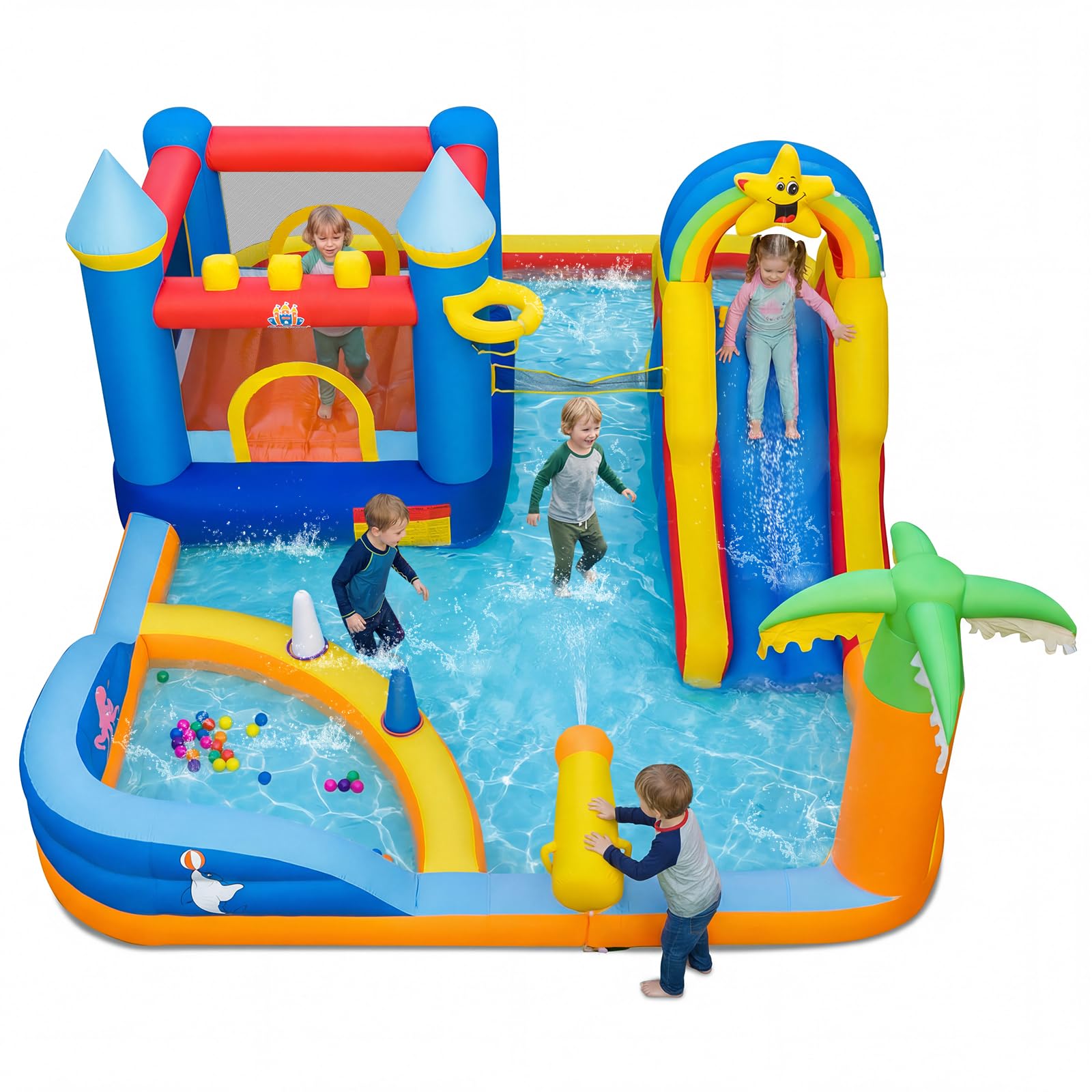 COSTWAY Hüpfburg mit Wasserrutsche, Kletterwand, Sprungbereich, Bällebad, Ringwurfspiel, Wasserkanone, Fußball, Basketball & Volleyball, Wasserhüpfburg für Kinder, Wasserpark für Außenbereich
