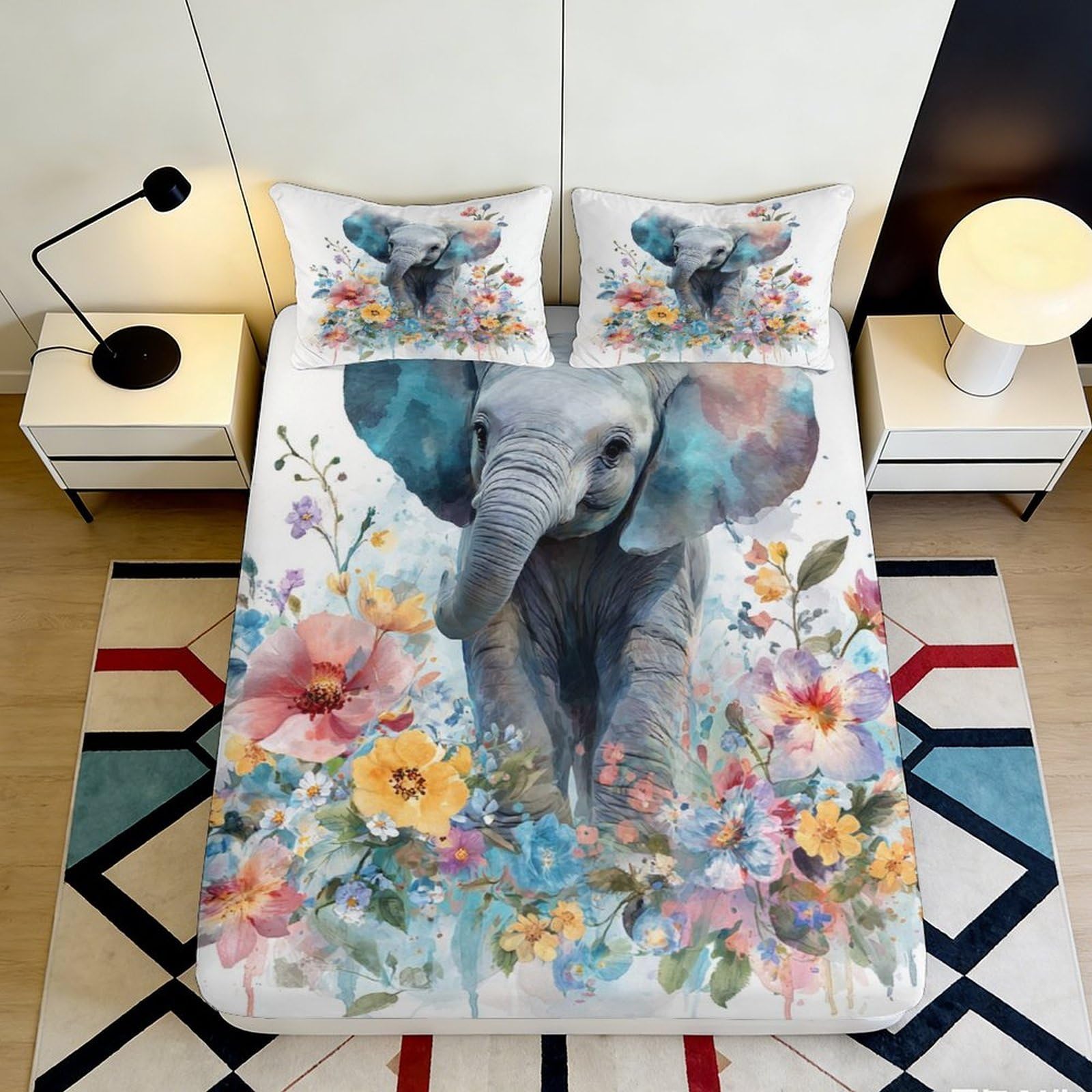 3D Printed Elephant Floral Fitted Sheet Microfiber Soft Breathable Mattress Cover for Bedroom Dorm Artistic Bed Decor 90x200x25cm