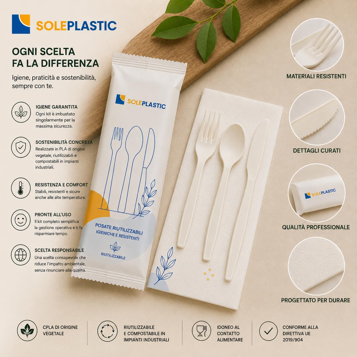 100 Posate Da Viaggio TRIS IMBUSTATE SINGOLARMENTE - Coltello,Forchetta,Cucchiaio e Tovagliolo RIUTILIZZABILI da 16 cm Bianco - RESISTENTI per Cibi Caldi Fino a 70° - Set Posate per ogni Occasione