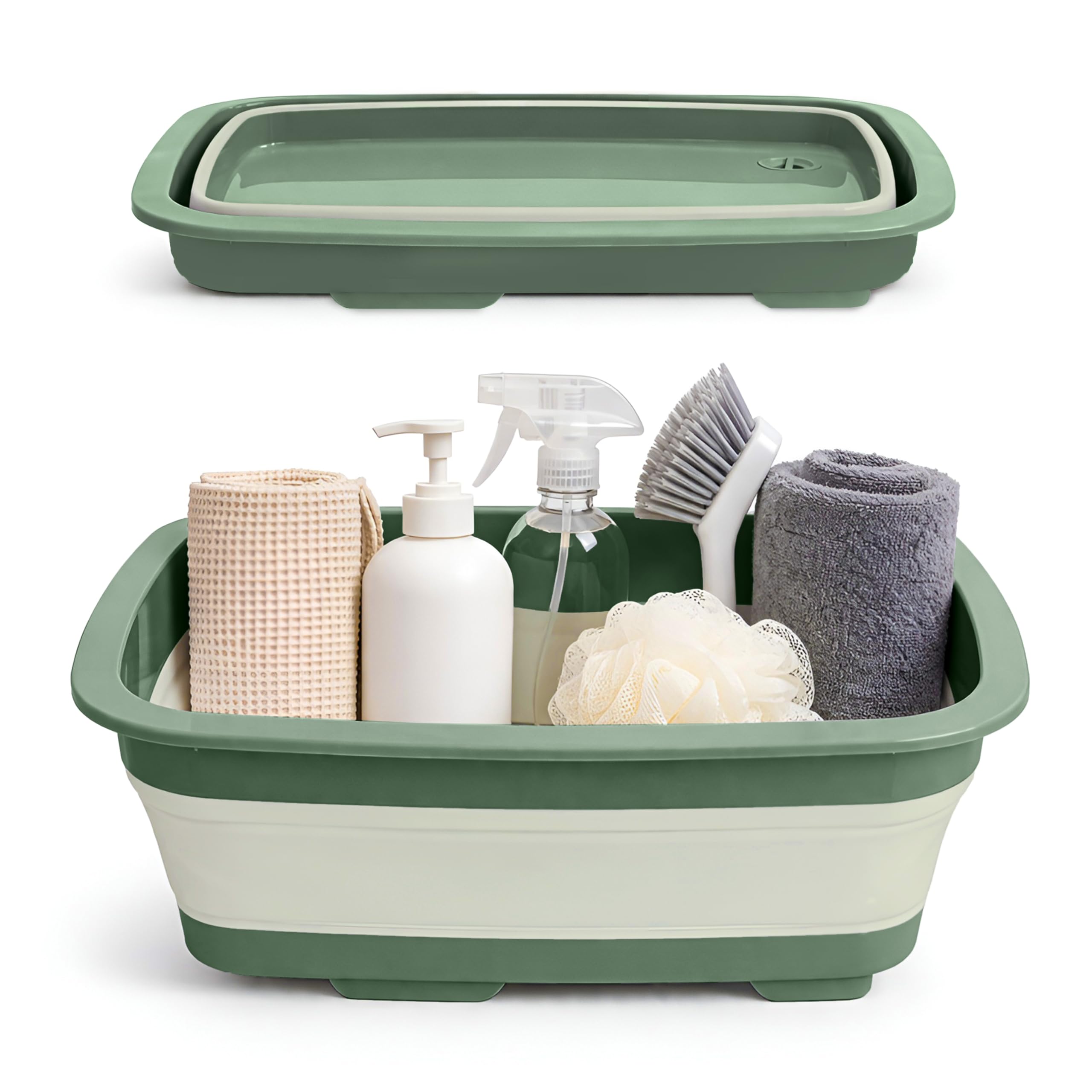 DIVCHI 9L Collapsible Laundry Basket Foldable Pop Up Storage Washing Organizer With Drain Outlet Plastic Space Saving Tub (Green)