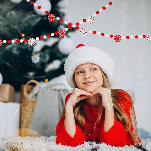 Miniatura 3 de Whaline Cartel de caramelo de fieltro de Navidad de 8.2 pies, lindo cartel decorativo rojo y blanco con pompones, guirnalda colgante de Navidad para