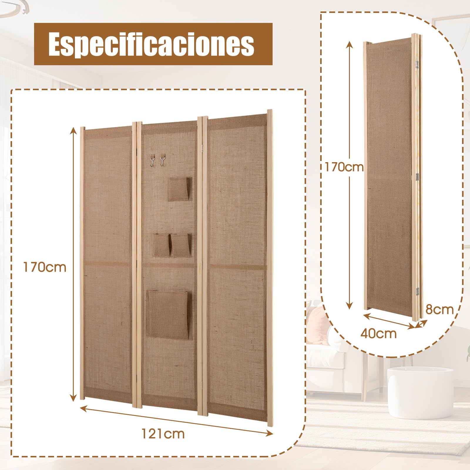 COSTWAY Biombo Separador de Ambientes de 3 Paneles, 121 x 170 cm | Biombo Divisor con 2 Ganchos y 4 Bolsas de Almacenaje, Biombo Plegable de Lino Artificial para Hogar Oficina Sala de Estar