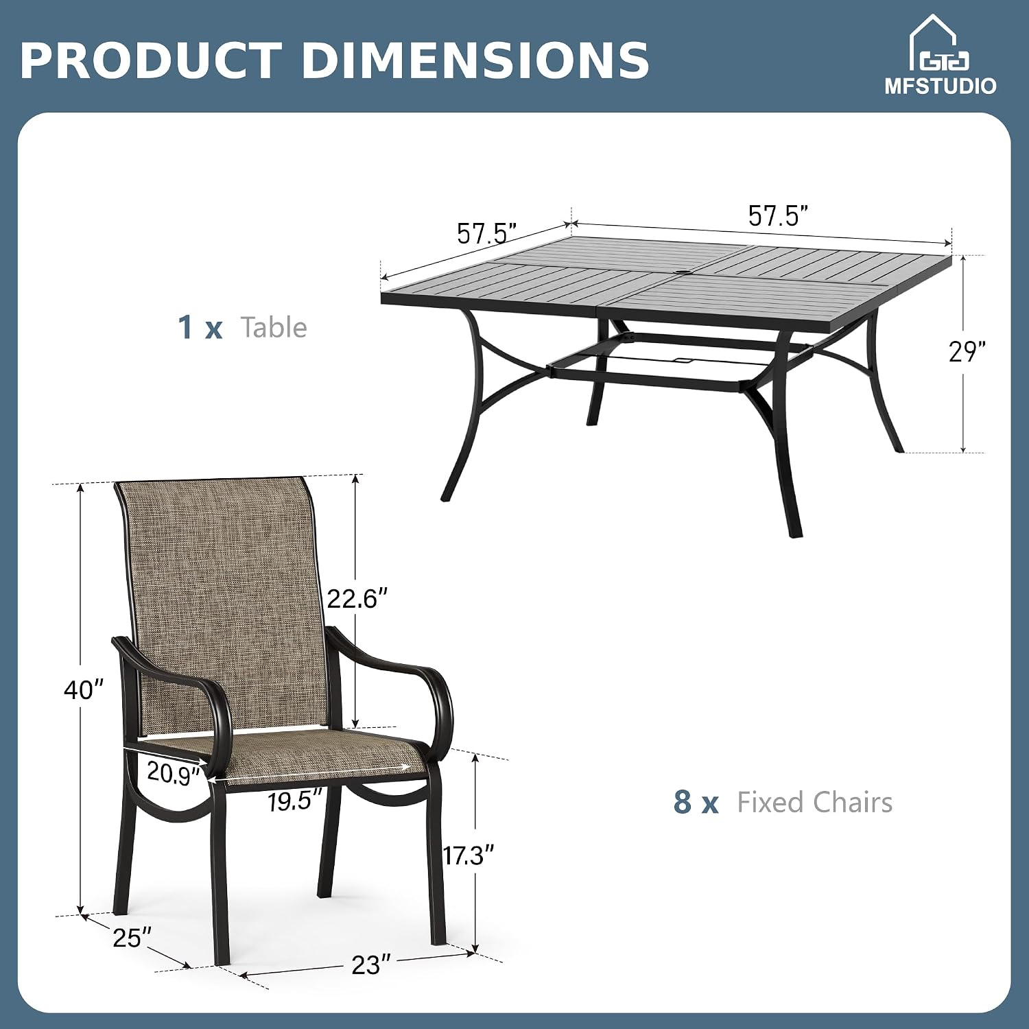 MFSTUDIO Patio Dining Set for 8, Patio Table and Chairs Set for Deck Backyard, 9 Piece Square Outdoor Furniture Dining Set with Umbrella Hole