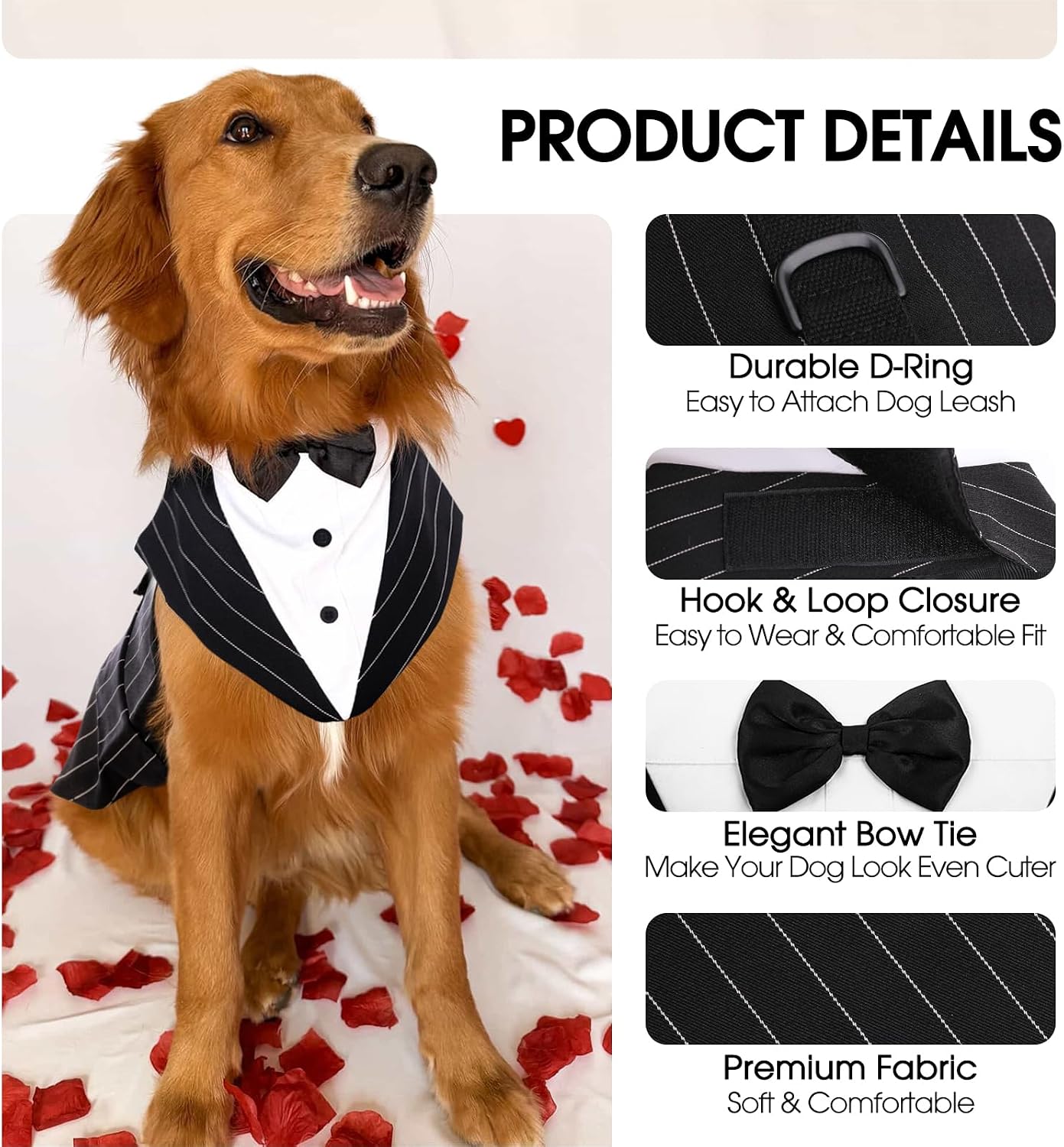 Kuoser Dog Tuxedo, Dog Suit and Bandana Set, Dogs Costume with D-Ring | Formal Dog Outfit with Detachable Bowtie Collar for Wedding, Birthday, Party, Christmas, Halloween, Black Strips 2XL