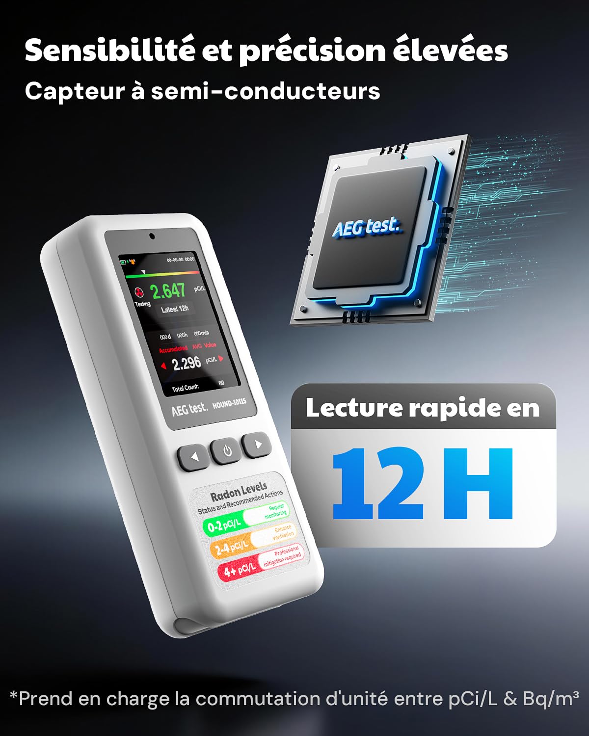 HOUND-1011S Détecteur de radon portable, Capteur haute précision pour la maison, Léger, Alarmes sonores & visuelles, Surveillance à long terme, Testeur de radon en pCi/L ou Bq/m³ pour sous-sol