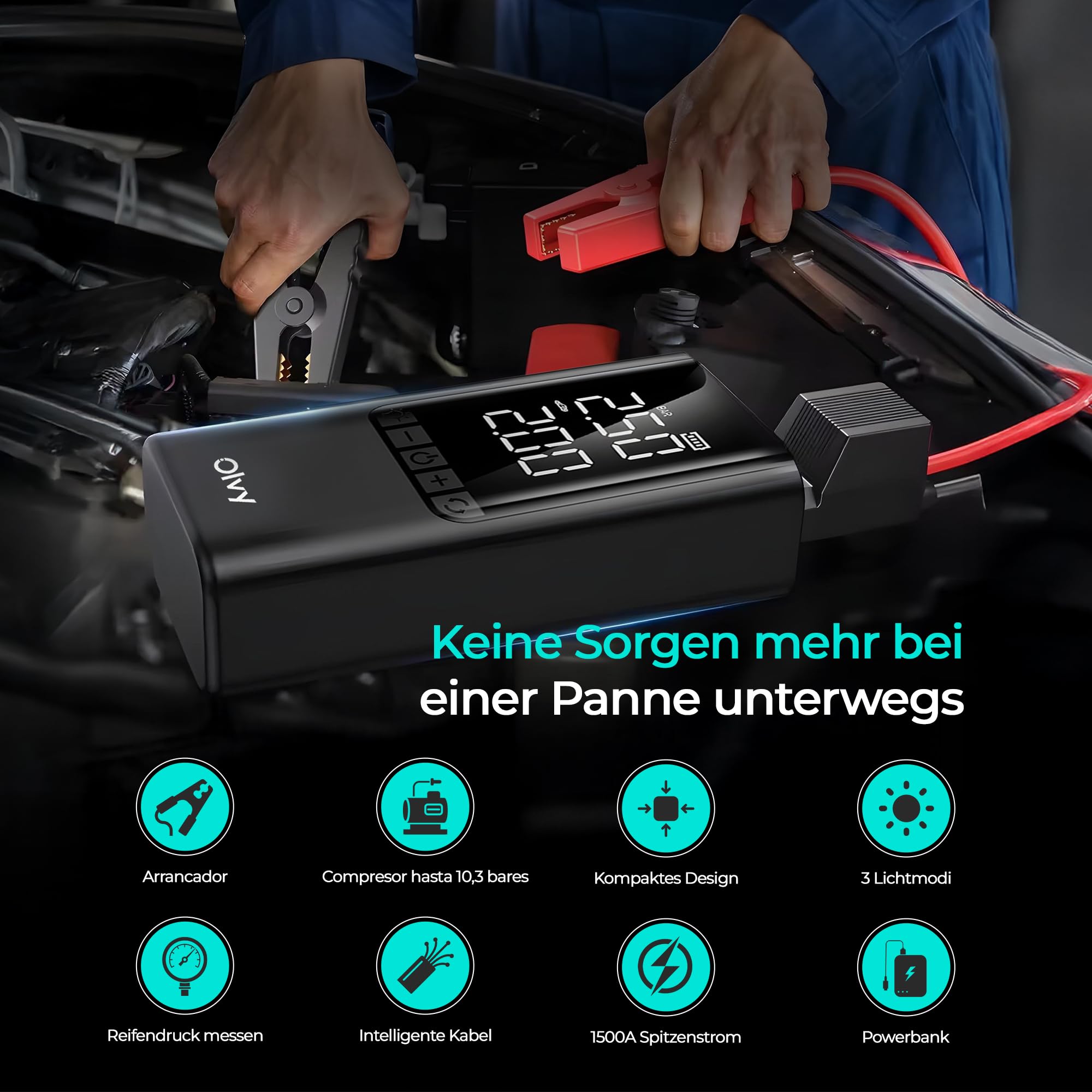 Olvy 4-in-1 Portable Car Jump Starter with Air Compressor, 1500A Peak, 12000mAh Power Bank, Smart Protection, LED Light, Digital Display, Compact Jump Starter for 12V Petrol & Diesel Vehicles